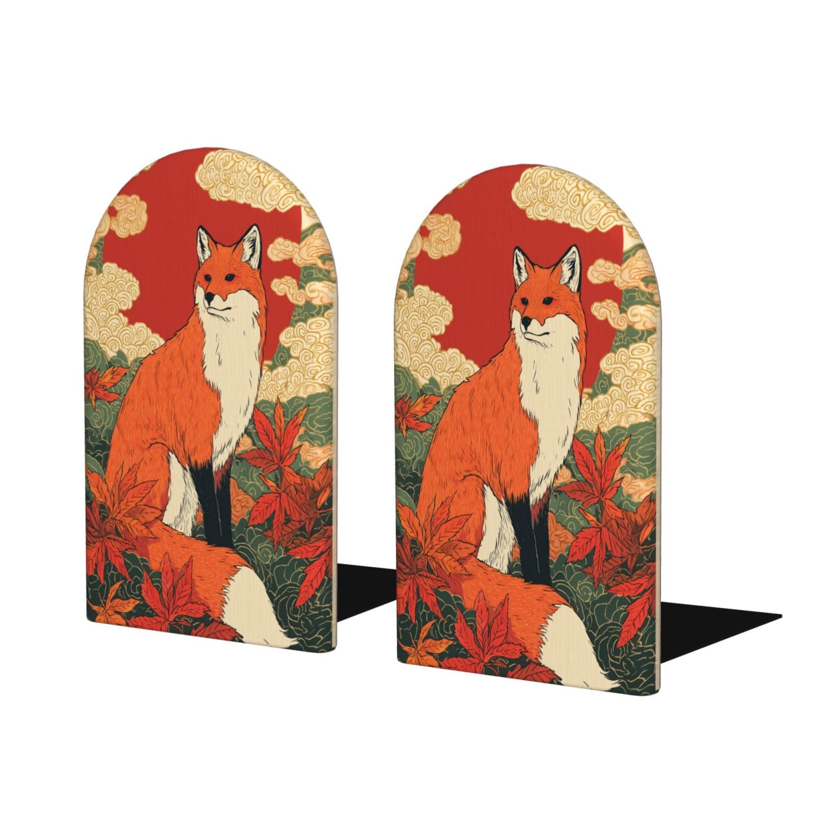 Folk Art Fox Japanese Maple Leaves Bookends For Shelves 2 Pcs Wooden Book Stopper Organizer For Home Office Libraries