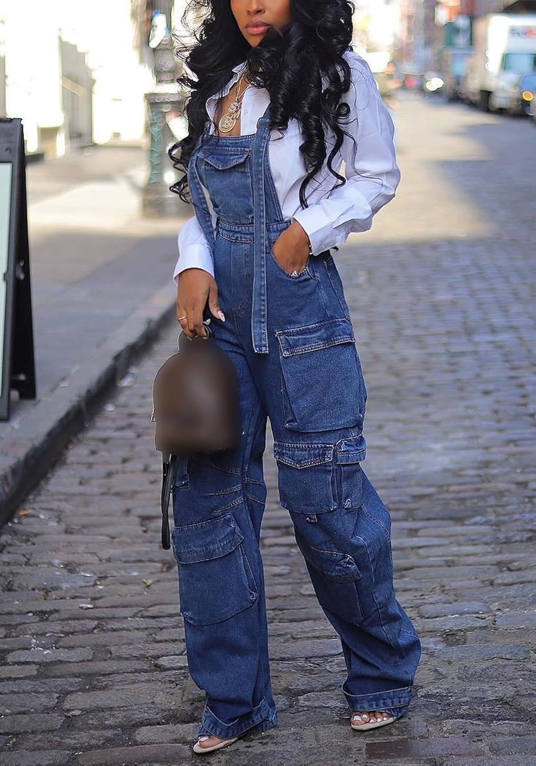 LETSVDO Women's Cargo Denim Overall Jumpsuit Wide Leg Bib Loose Baggy Stretch Casual Jean Overalls Romper Cargo Pants - Image 4