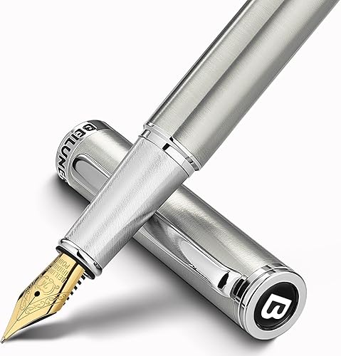 BEILUNER Juego de pluma estilográfica de lujo, punta media solida dorada de 24 quilates, cuerpo de acero inoxidable plateado - Incluye 6 cartuchos
