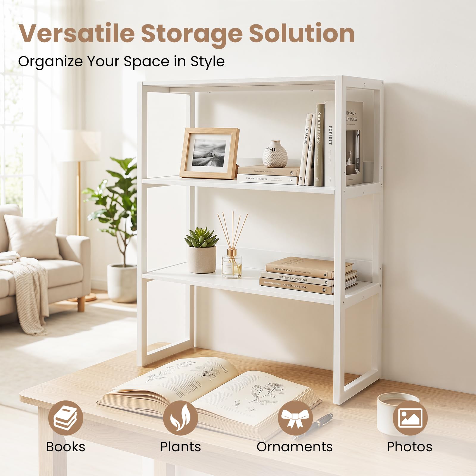 GIANTEX Etagere Bureau a Poser sur Burea à 3 Niveaux, Bibliothèque de Bureau avec Étagères Ouvertes, Structure Métallique, Meuble de Rangement pour Cuisine, Chambre, Dortoir, 64 x 33 x 90,5 cm