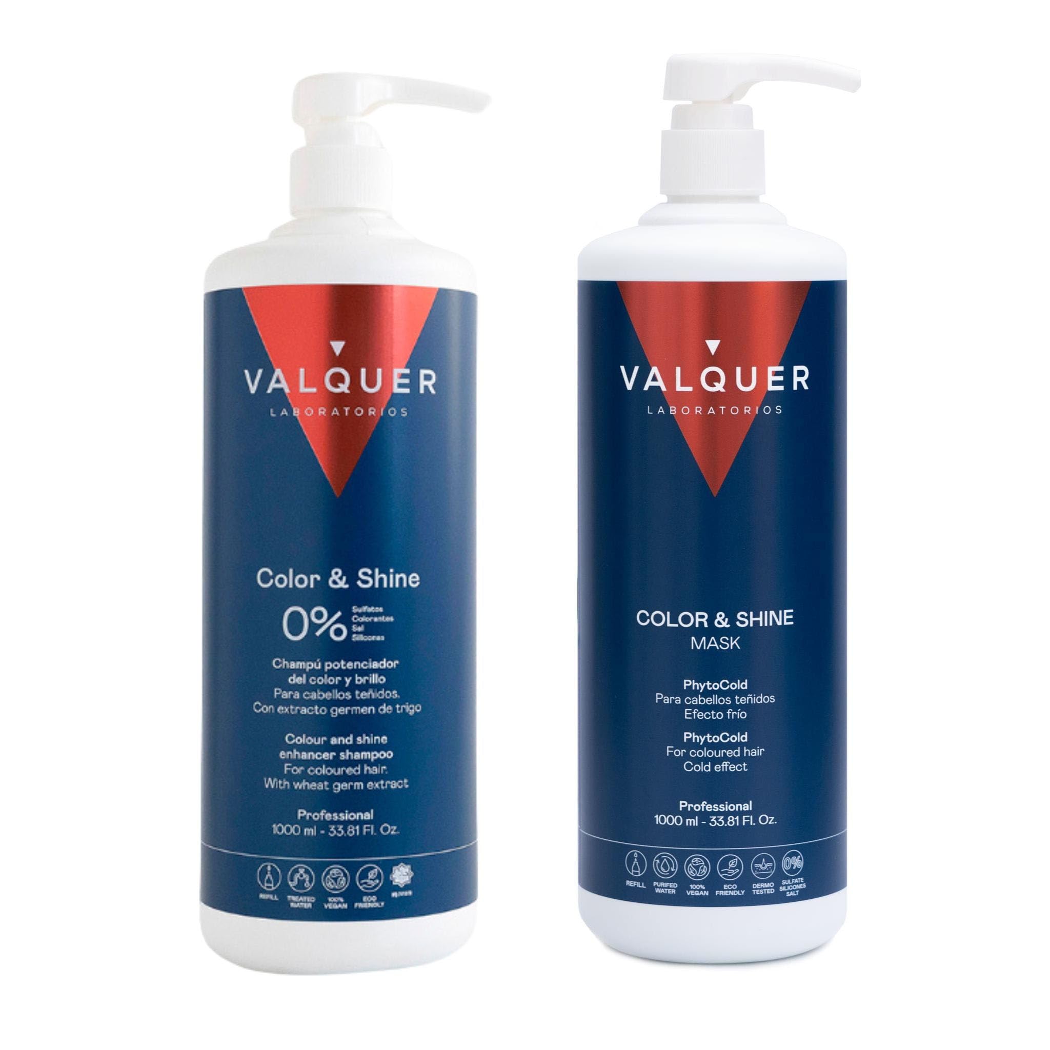 Valquer Color & Shine Pack Cold-Effect Shampoo and Hair Mask with Wheat Germ Extract. Revitalizes and Enhances Dyed Hair, Boosting Shine and Softness. Vegan. 1 L + 975 ml