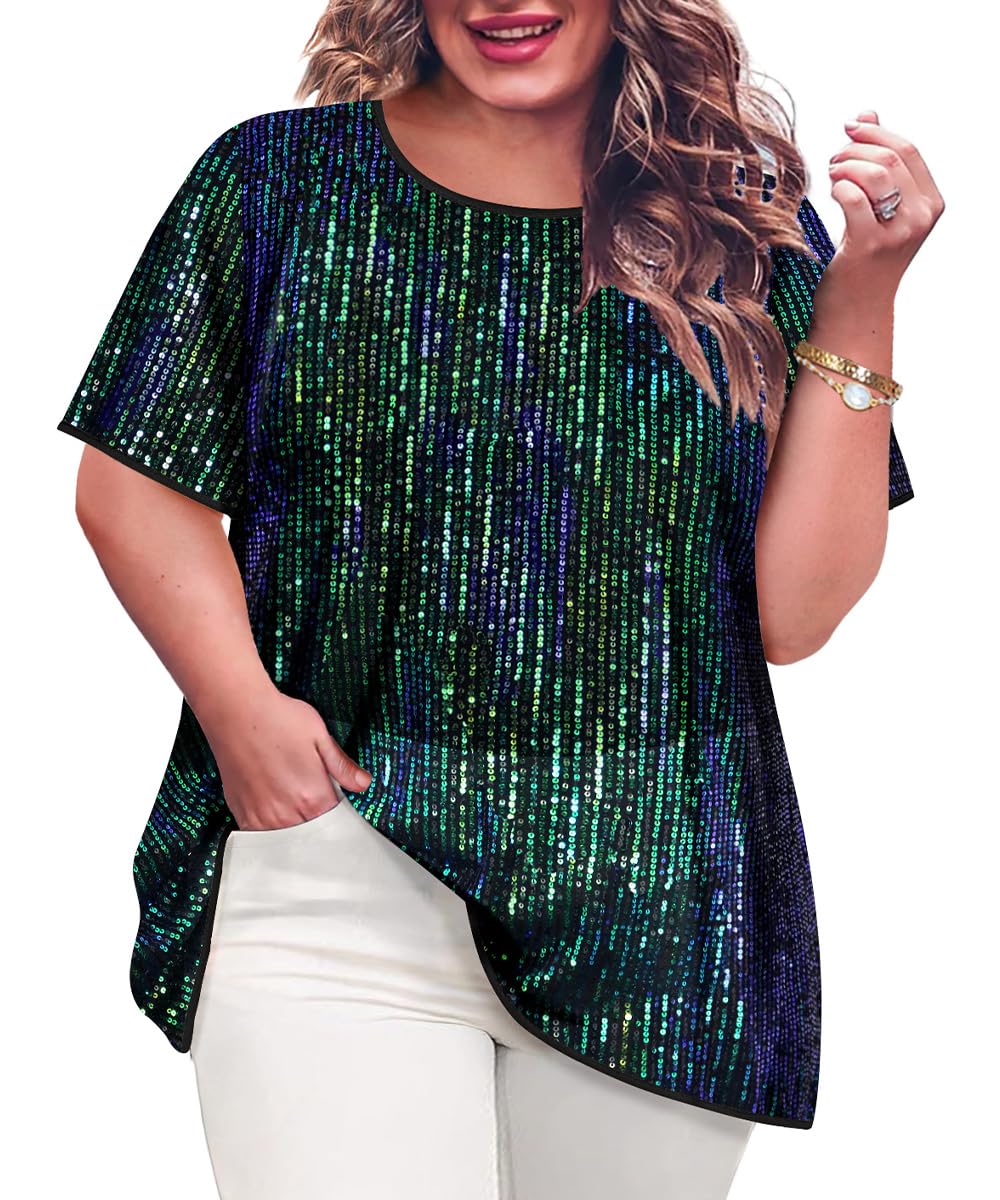 TIYOMI Plus Size Sequin Tops for Women Crewneck Party Tops Sparkly Slimming Tunics XL-5XL