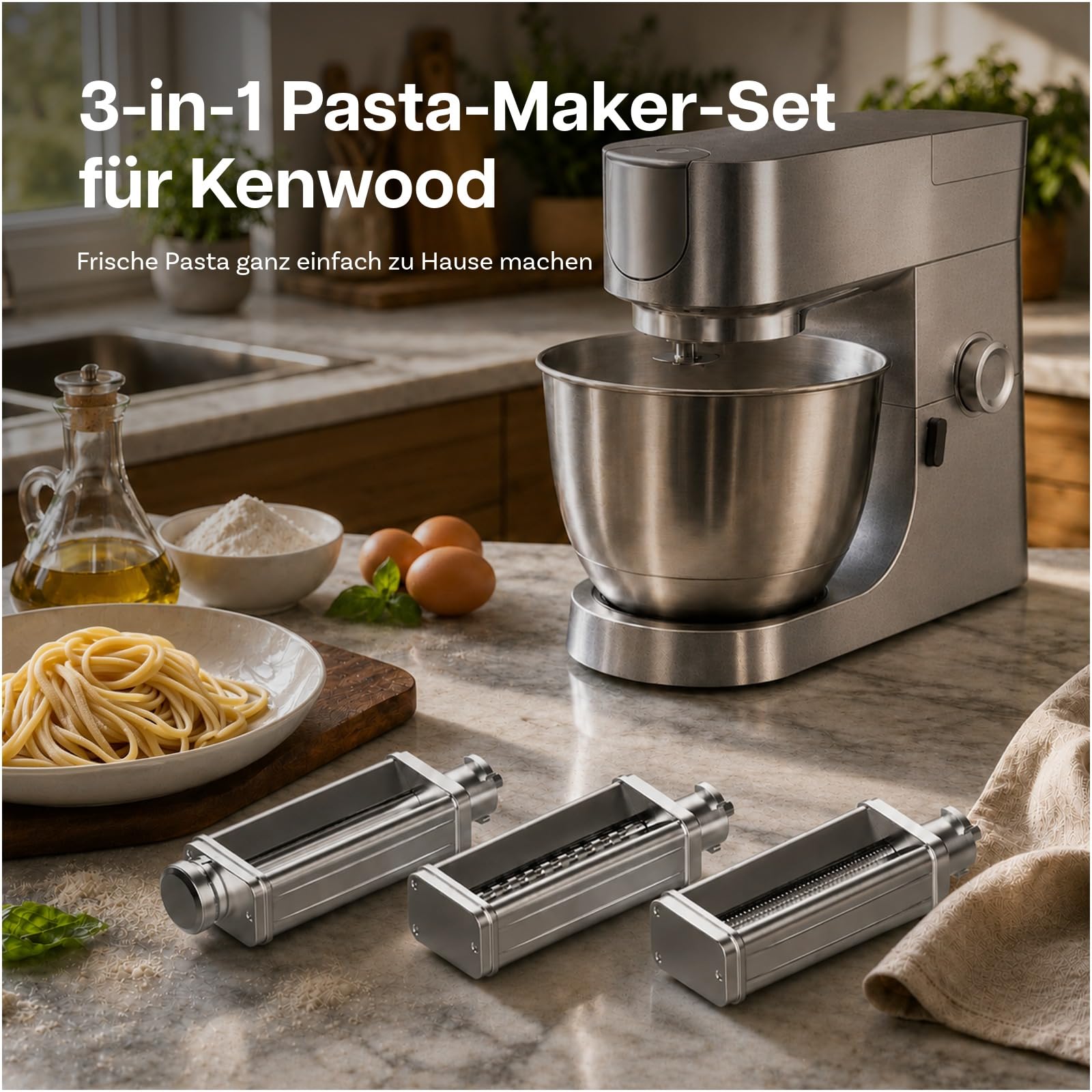 Nudelaufsatz für Kenwood Küchenmaschine 3-teilig – Pasta Roller, Spaghettischneider & Fettuccineschneider – Edelstahl Aufsätze Inklusive Adapter – Küchenmaschinen Zubehör für Kenwood von MMOBIEL
