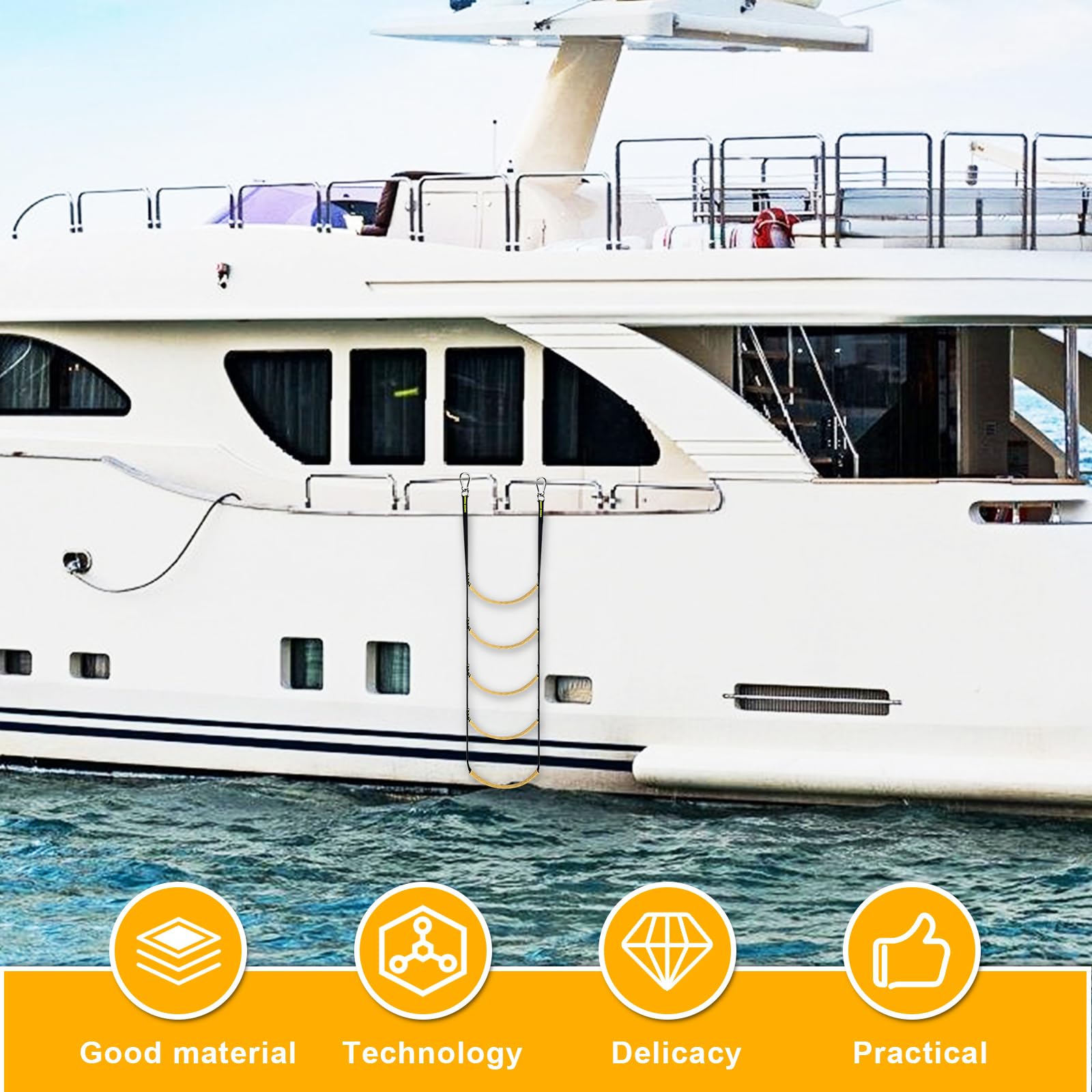 Échelle De Corde Bateau 5 Marches – Sangle Fluo Réfléchissante, Crochets Inox, Pliable – Kayak Et Bateau Gonflable