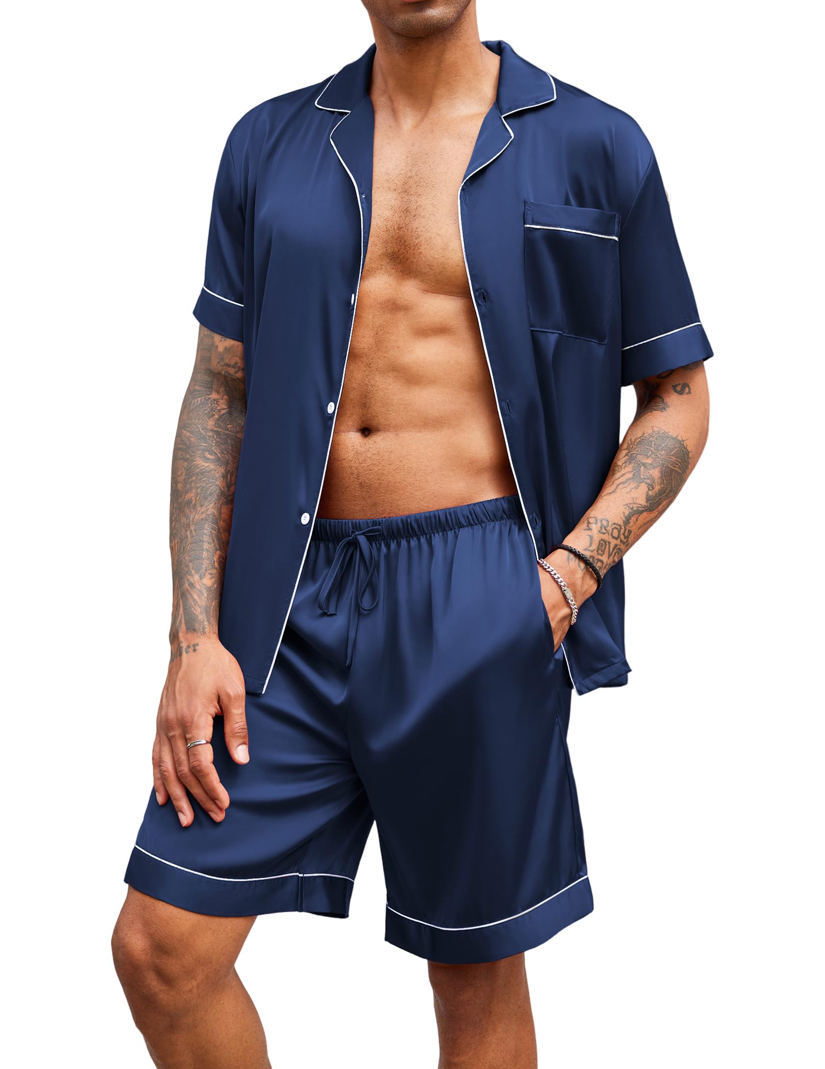Ekouaer Mens Satin Pajamas Set Button-Down Short Sleeve Shirt Top Soft Silk Sleepwear Shorts with Pockets