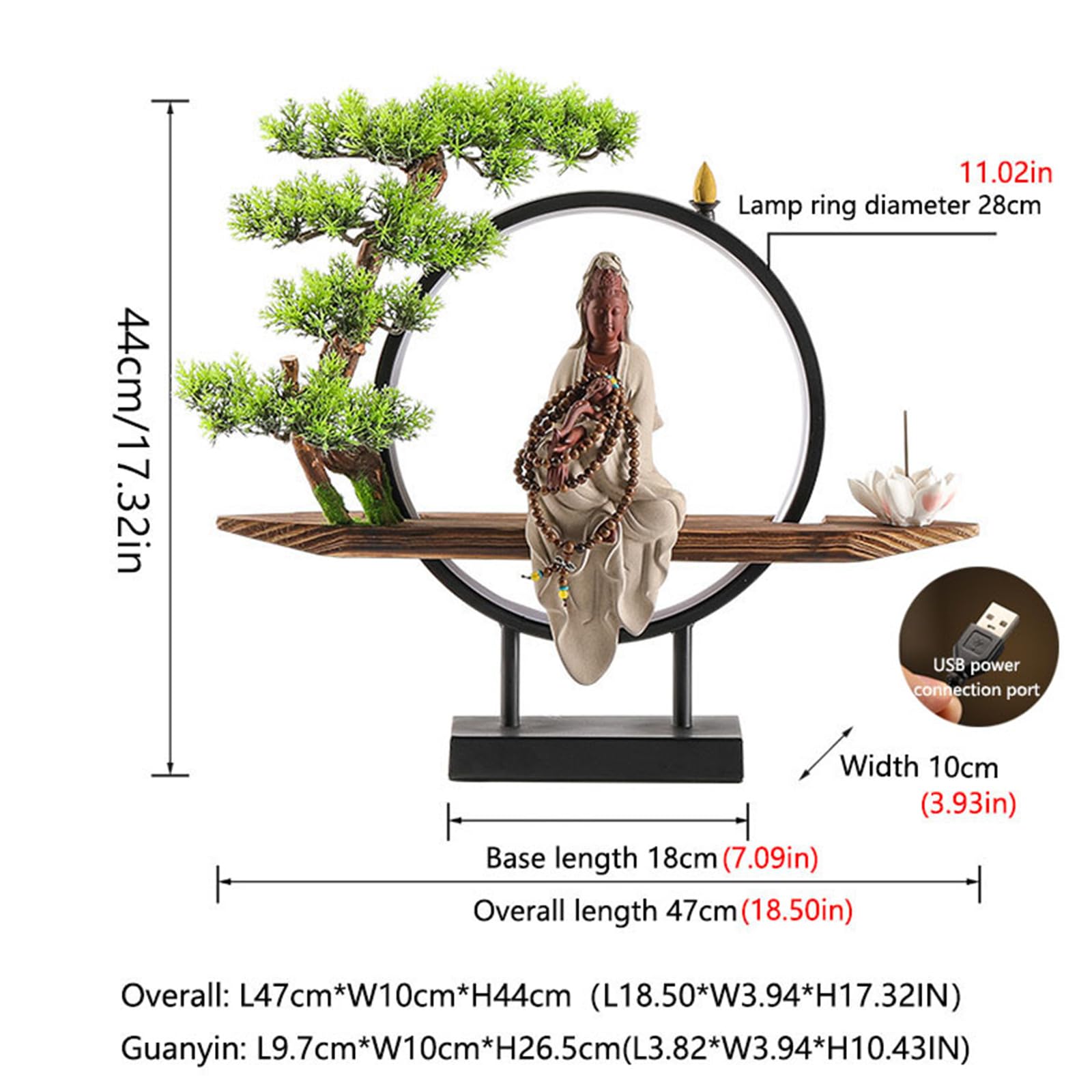 GAENZA Estatua De Buda Kwan Yin De Cerámica, Quemador De Incienso para Interiores con Anillo De Luz LED, Figura Decorativa De Buda con Forma De Bonsái, Decoración para El Jardín Y La Oficina,06
