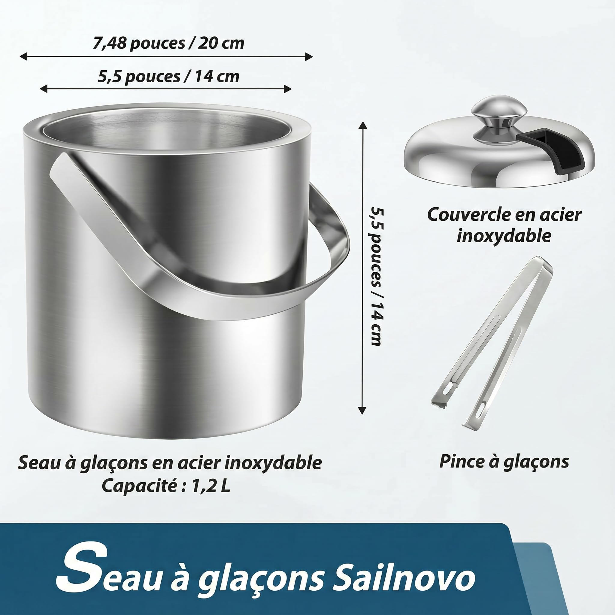 Sailnovo Mini seau à glace 1,2 L – Compact, en acier inoxydable double paroi de qualité supérieure, avec couvercle et pince à glace – Idéal pour cocktails, bar personnel et petites réceptions – Argent