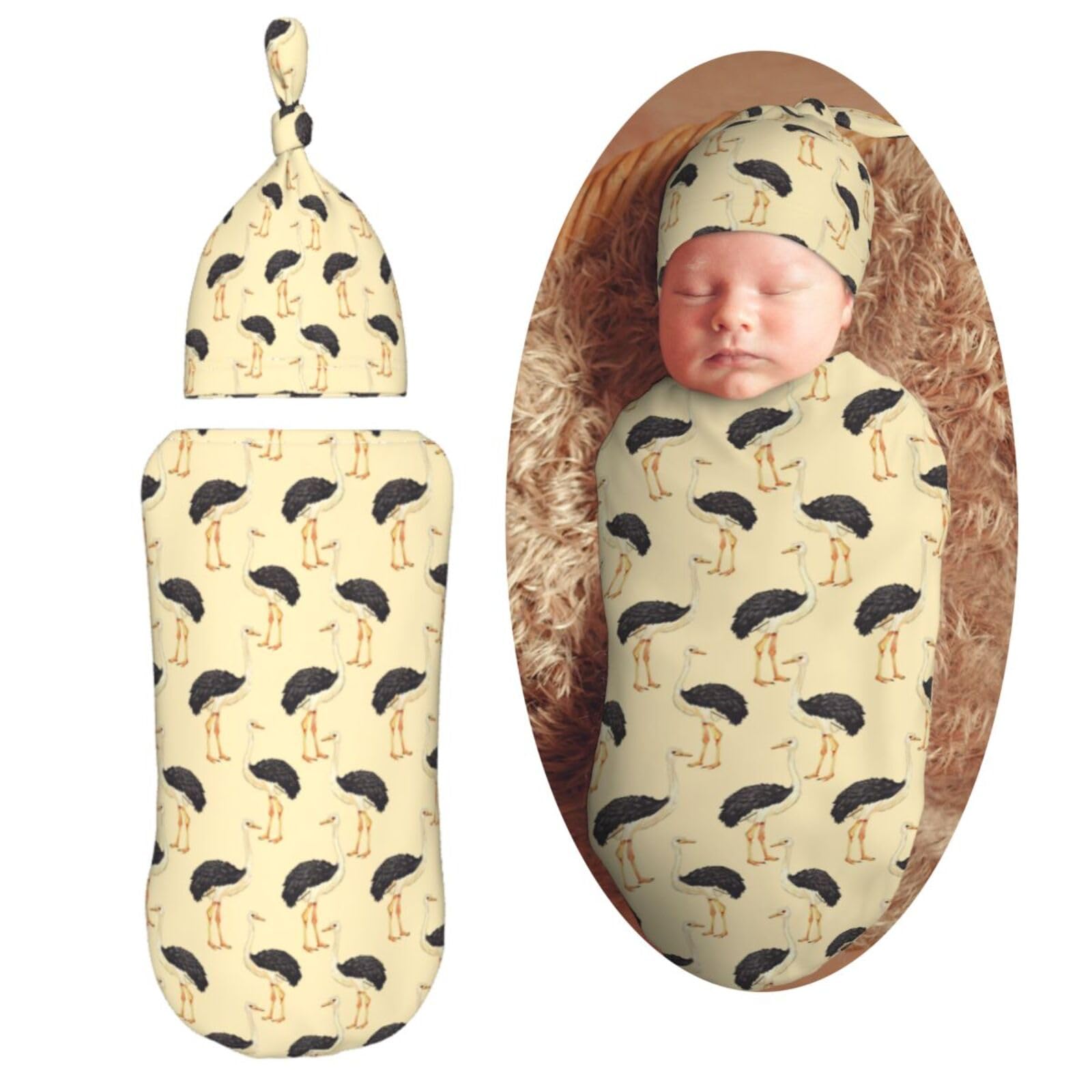 Watercolor Cartoon Ostriches Newborn Swaddle Blankets Hat Sets Soft Baby Receiving Blanket Swaddle Sack for Baby Shower Infant Boy Girl Gift