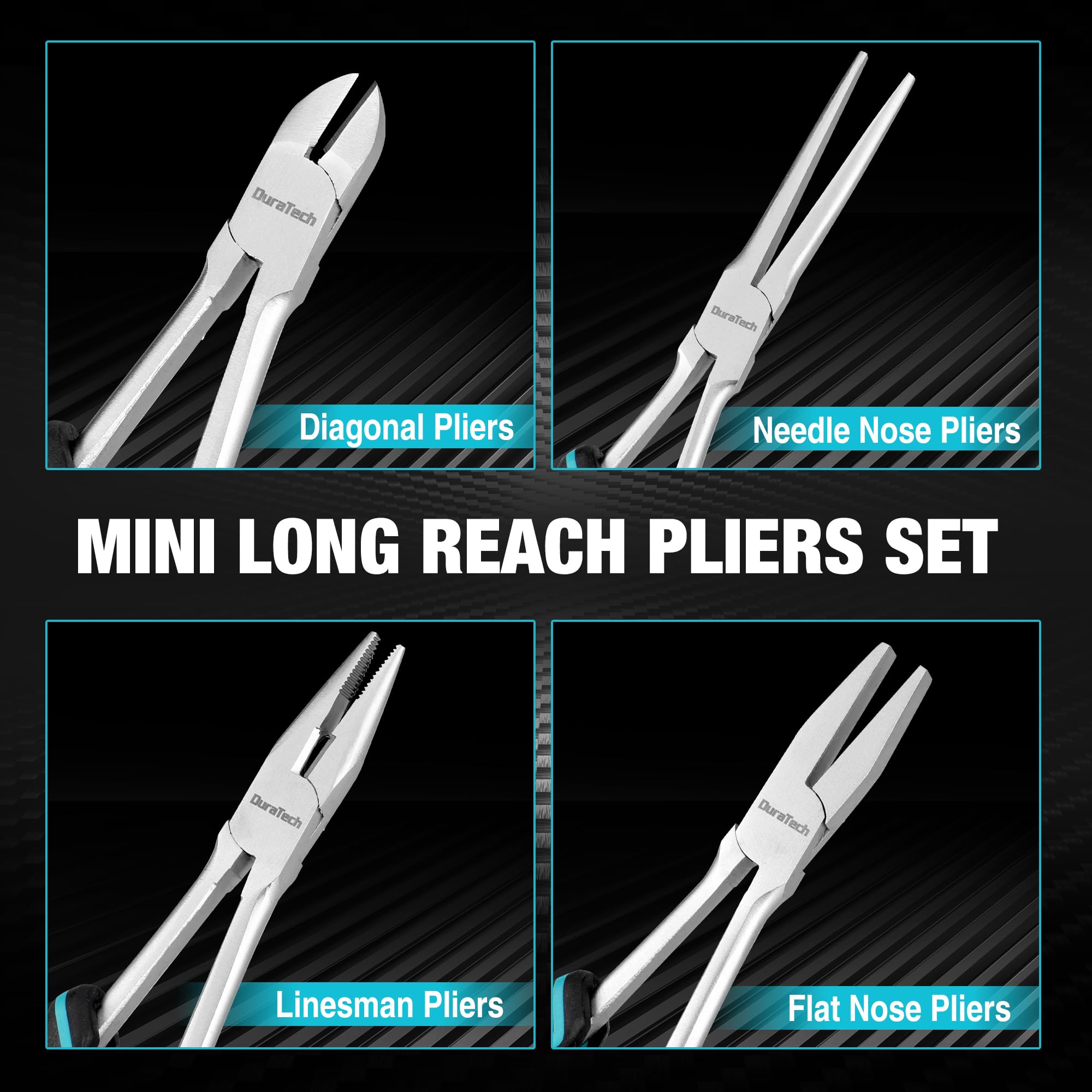 DURATECH Set di 4 pinze lunghe con custodia, punta ad ago, diagonale, guardalinee e naso piatto, mini pinze extra lunghe per la creazione di gioielli, piegatura del filo e presa di oggetti su spazi