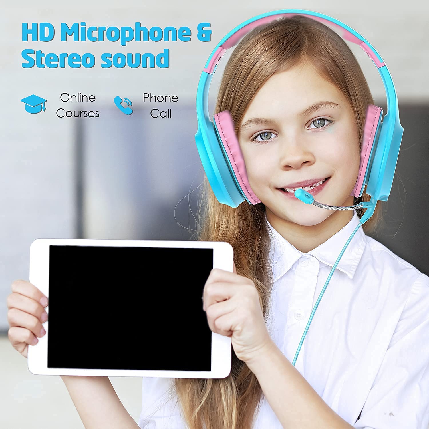 Cuffie per bambini, limitatore di volume 85/94 dB, cuffie sovrauricolari per ragazze e ragazzi, pieghevoli, con cavo, per iPad/tablet/viaggi, colore azzurro e rosa (nuovo microfono a collo
