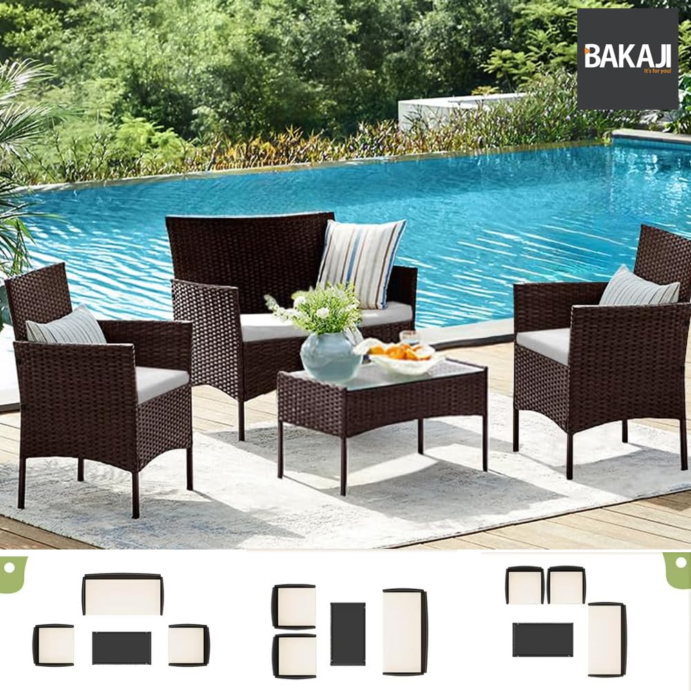 BAKAJI Set Salotto Completo di Divano 2 Poltrone e Tavolino in Vetro e Rattan Struttura in Acciaio Zincato con Cuscini Sfoderabili Arredo Giardino Terrazzo Design Moderno Colore Marrone