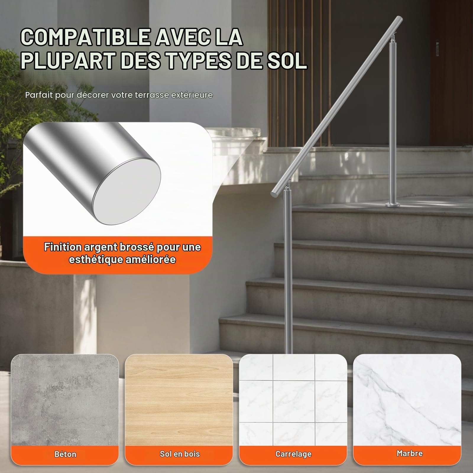 VEVOR Rampe d'Escalier, 150 cm, Main Courante Escalier pour Marches Extérieures en Acier Inoxydable, avec Kit d'Installation, Barre d'Appui à Double Colonne, pour Personnes Âgées, Porche, Terrasse