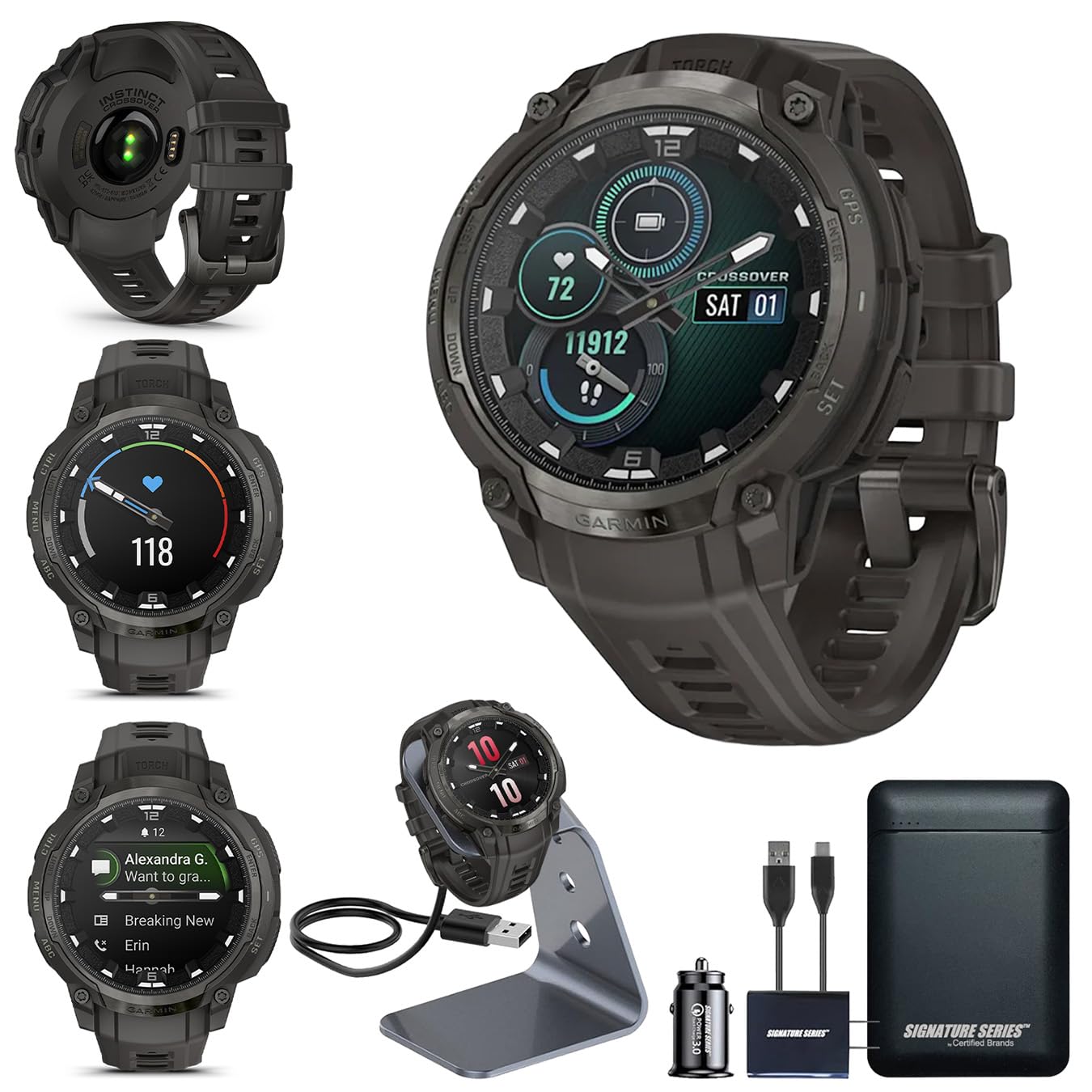 Garmin Instinct Crossover AMOLED, Rugged Hybrid GPS Smartwatch, Analog Watch Hands and Bright Display, Flashlight, Health Tracking | Charcoal, Signature Series Power Bundle