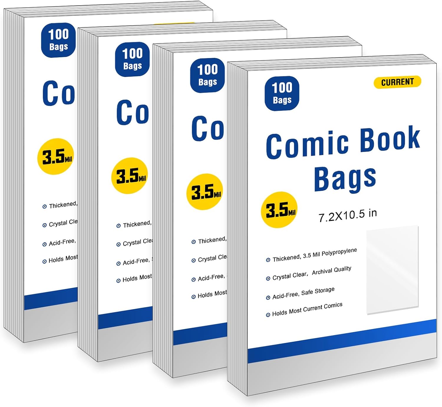 400ct Current Comic Book Bags Resealable,3.5 Mil Thick Comic Book Sleeves,Acid-Free Crystal Clear,7.2 X 10.5 inch,Archival Quality,Fits Standard Comic Book Storage