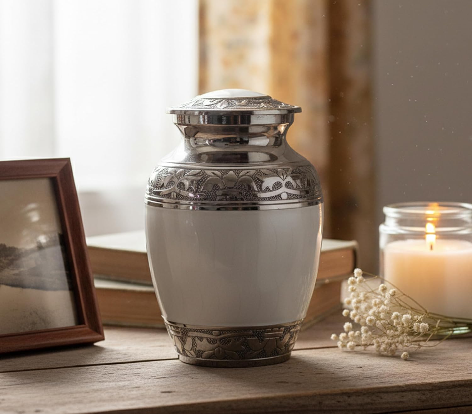 eSplanade Cremation Urn Memorial Container Jar Pot | Metal Burial Urns | Keepsake for Ashes | Brass - White - 6 Inches (Medium)