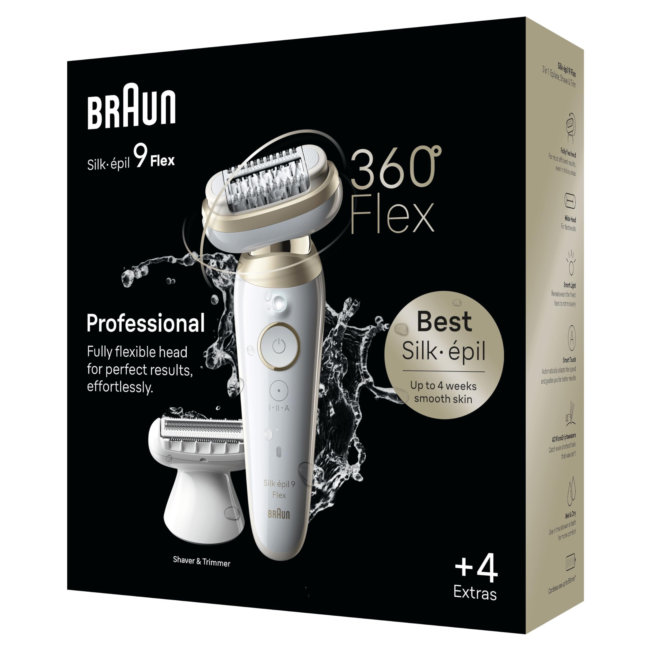 Braun Silk Epil 9 Flex Epilatore Elettrico Donna, Rasoio Elettrico Donna Con Testina Flessibile a 360° Per Epilazione Semplice, Wet & Dry, Pelle Liscia a Lungo, 9-041 3D, Bianco/Oro