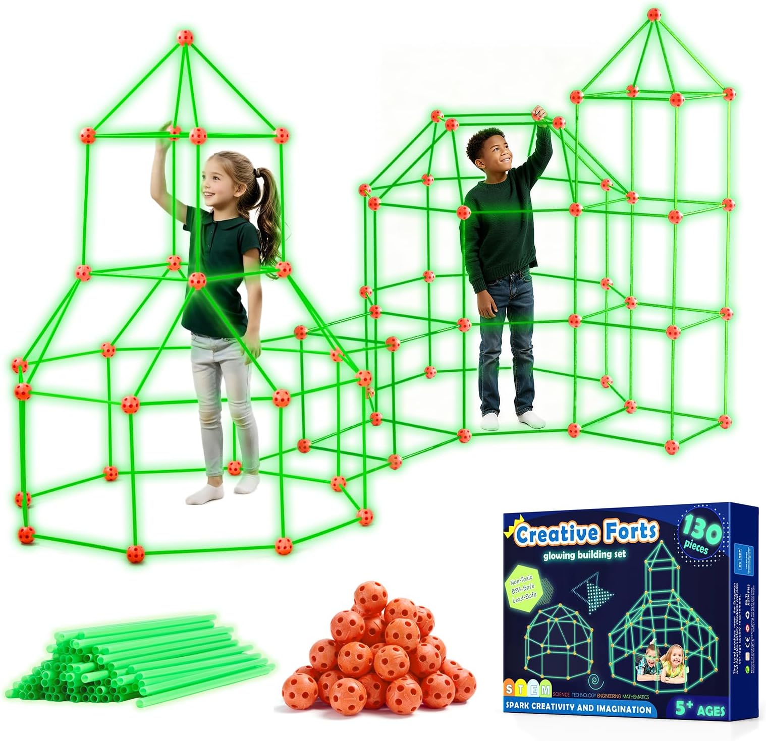 Tiny Land Glow Fort Building Kit for Kids Creative Fort Indoor & Outdoor Construction Toys with 86 Rods and 44 Balls for 5-12 Year Old Boys & Girls STEM Building Toy Gifts with Storage Bag