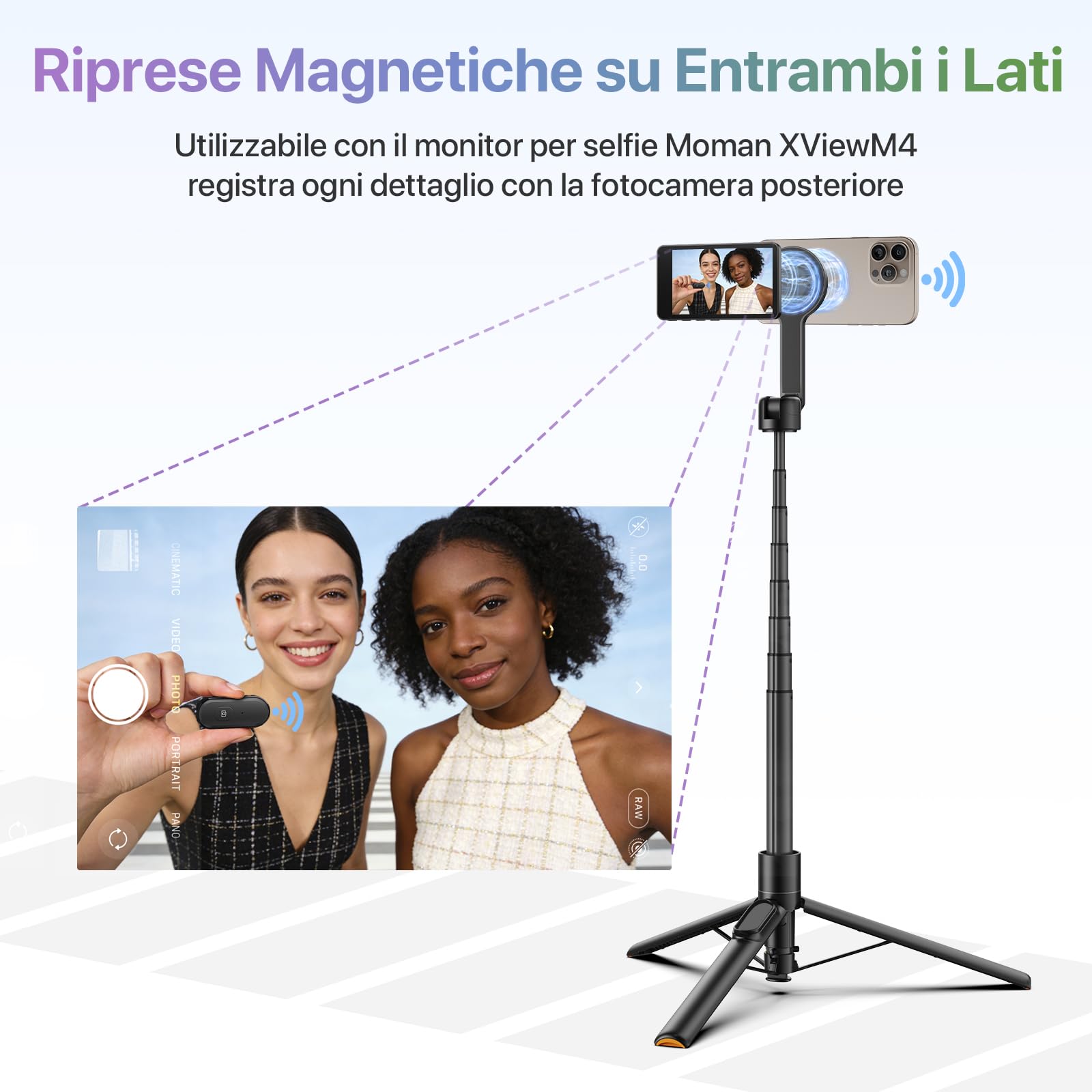 Moman Treppiede Smartphone 167cm, Bastone Selfie Magnetico a Doppia Faccia, Trepiedi con Installazione Automatica Telecomando Wireless per Cellulari iPhone e Android