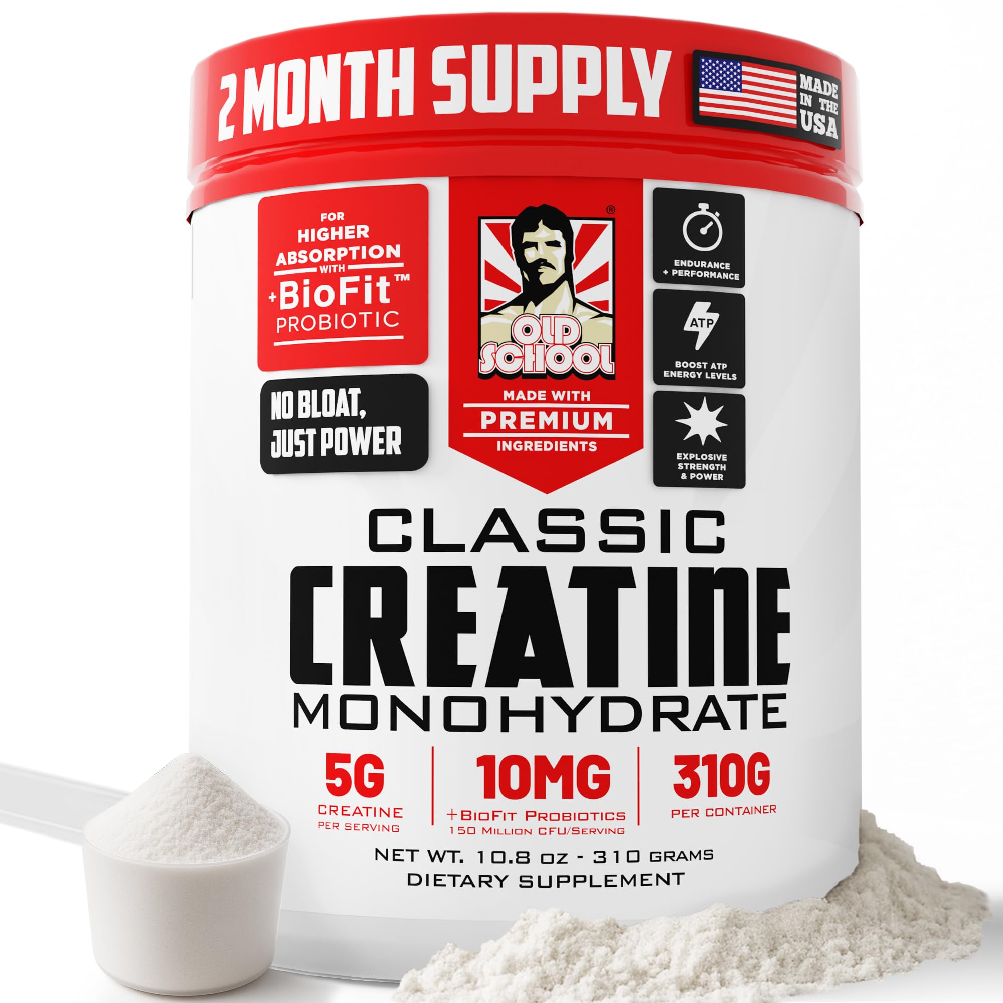 Old School LabsClassic CREATINE - World’s First Probiotic Infused Creatine Monohydrate for Muscle Size, Strength, Immune Boost, Brain Health, & Gut Optimization, Unflavored, 300g Powder & Scoop