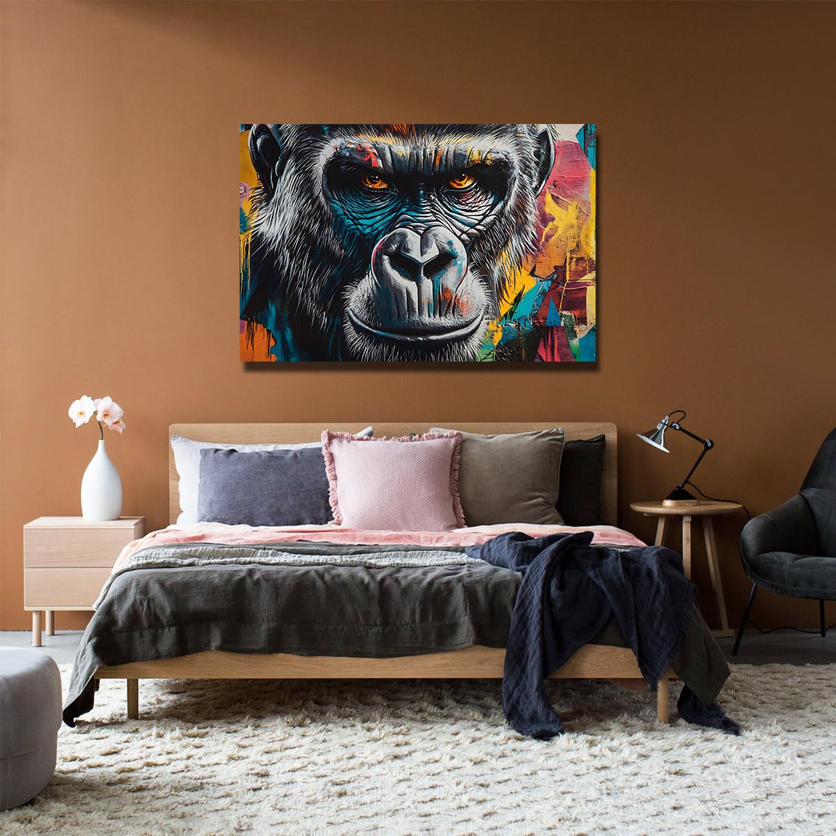 SHENGPOSTER Graffiti styl graffiti goryl zbliżenie twarzy obraz na płótnie plakat do salonu estetyczna dekoracja domu gotowy do powieszenia 80 x 112 cm rama wewnętrzna