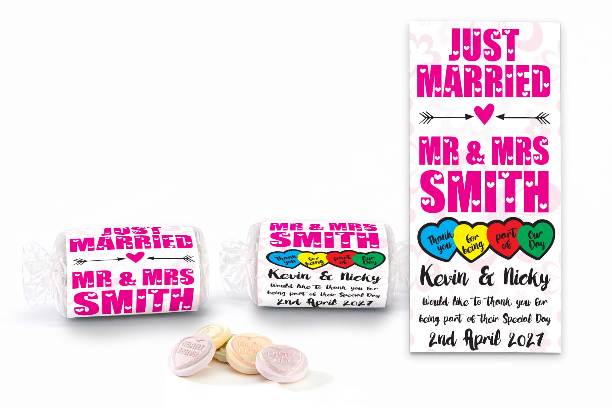 Personalised Wedding Favours Love Hearts Sweets, Just Married Design, Custom Wrapped Mini Sweets, Mr & Mrs Wedding Favours UK (Hot Pink)
