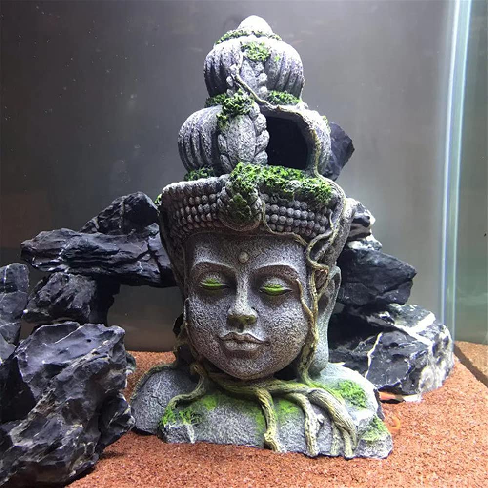 QTMY Décoration d'aquarium, grande statue tête de Bouddha Betta Serpent Cachette Grottes