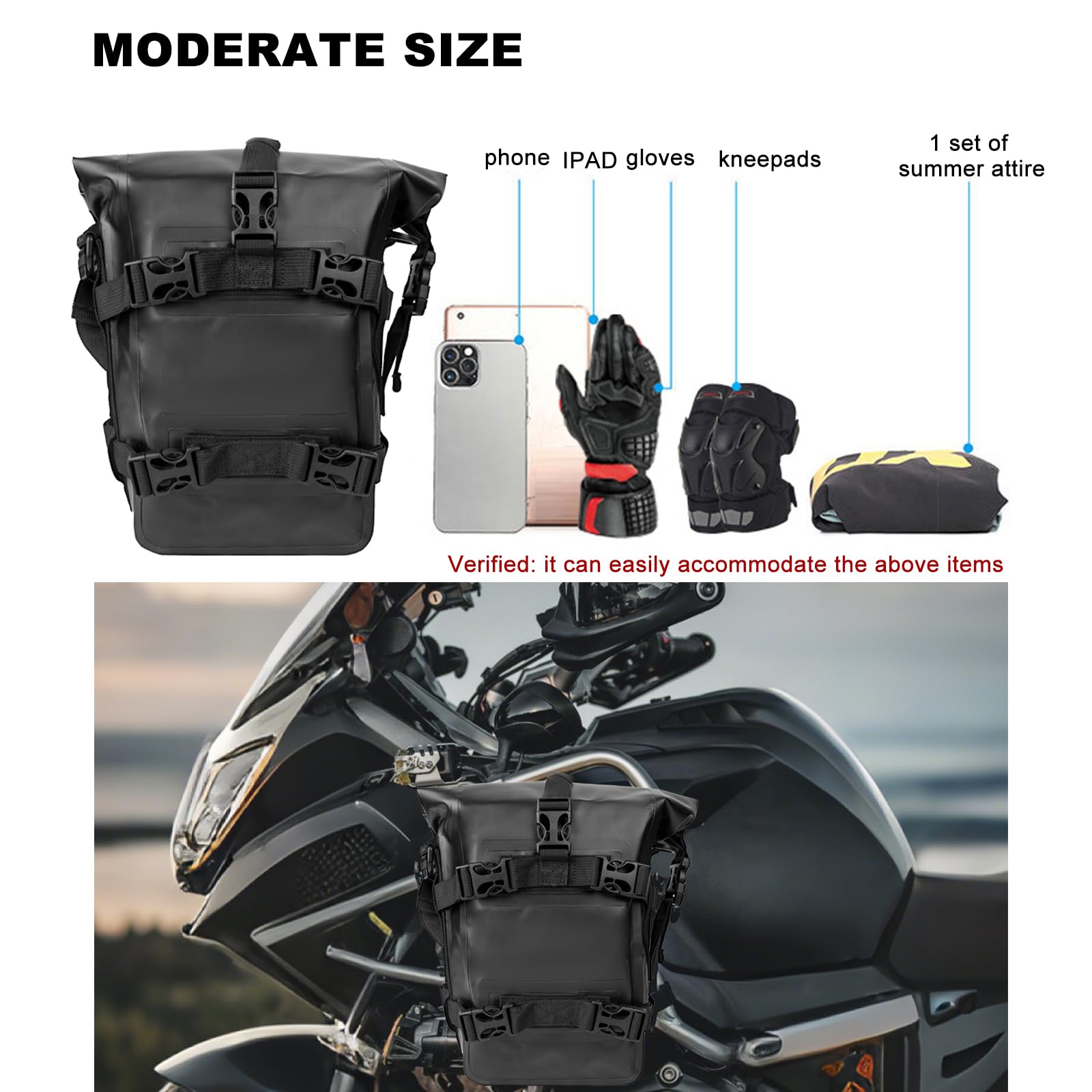 Borsa da viaggio per moto, 100% impermeabile, da 8 litri, con cinghie regolabili, zaino universale per ADV Touring fuoristrada (nero, 1 pezzo)