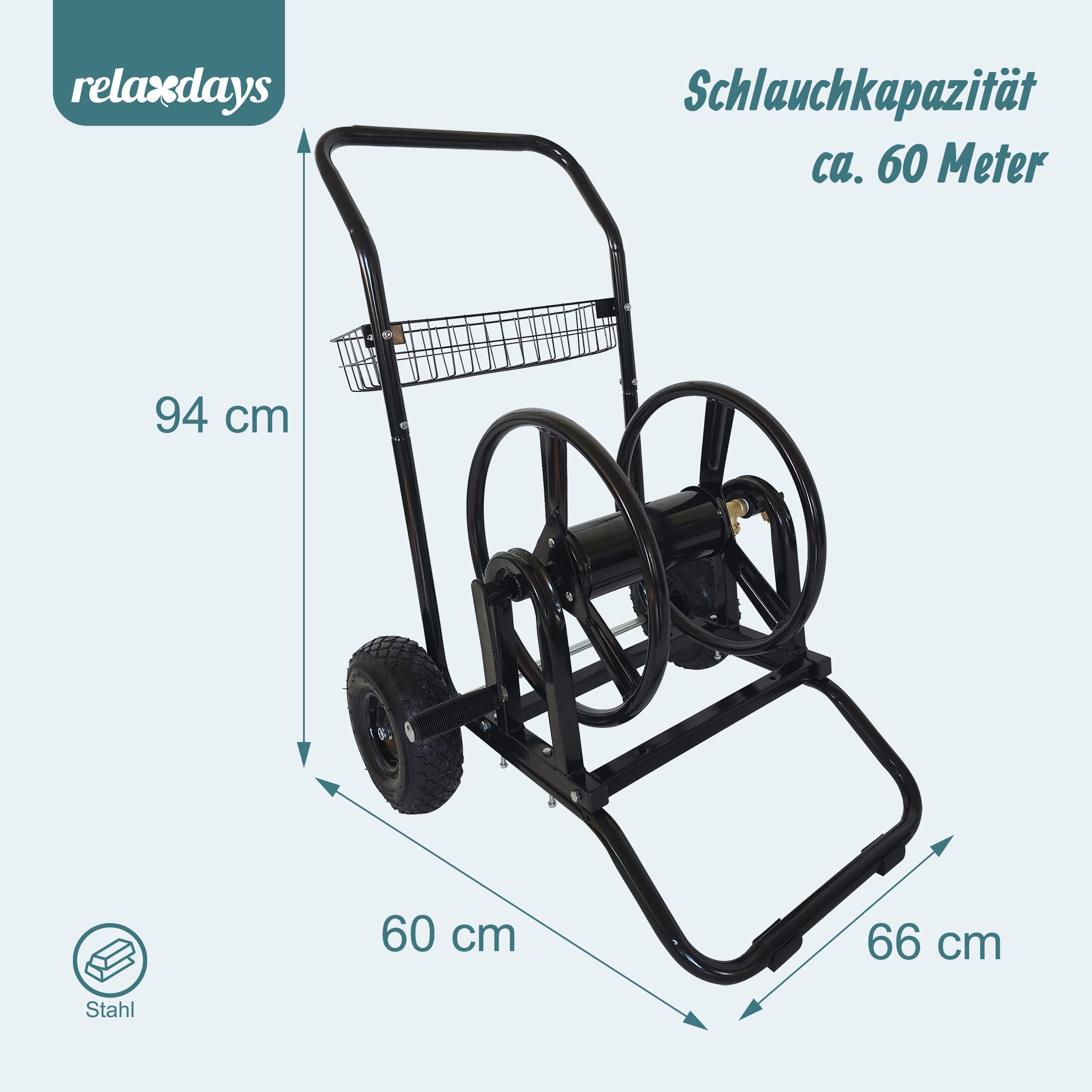 Relaxdays Schlauchwagen, 60 m, Klickkupplung, 2 Luftreifen, Stahl, abnehmbare Schlauchtrommel, Schlauchwickler, schwarz