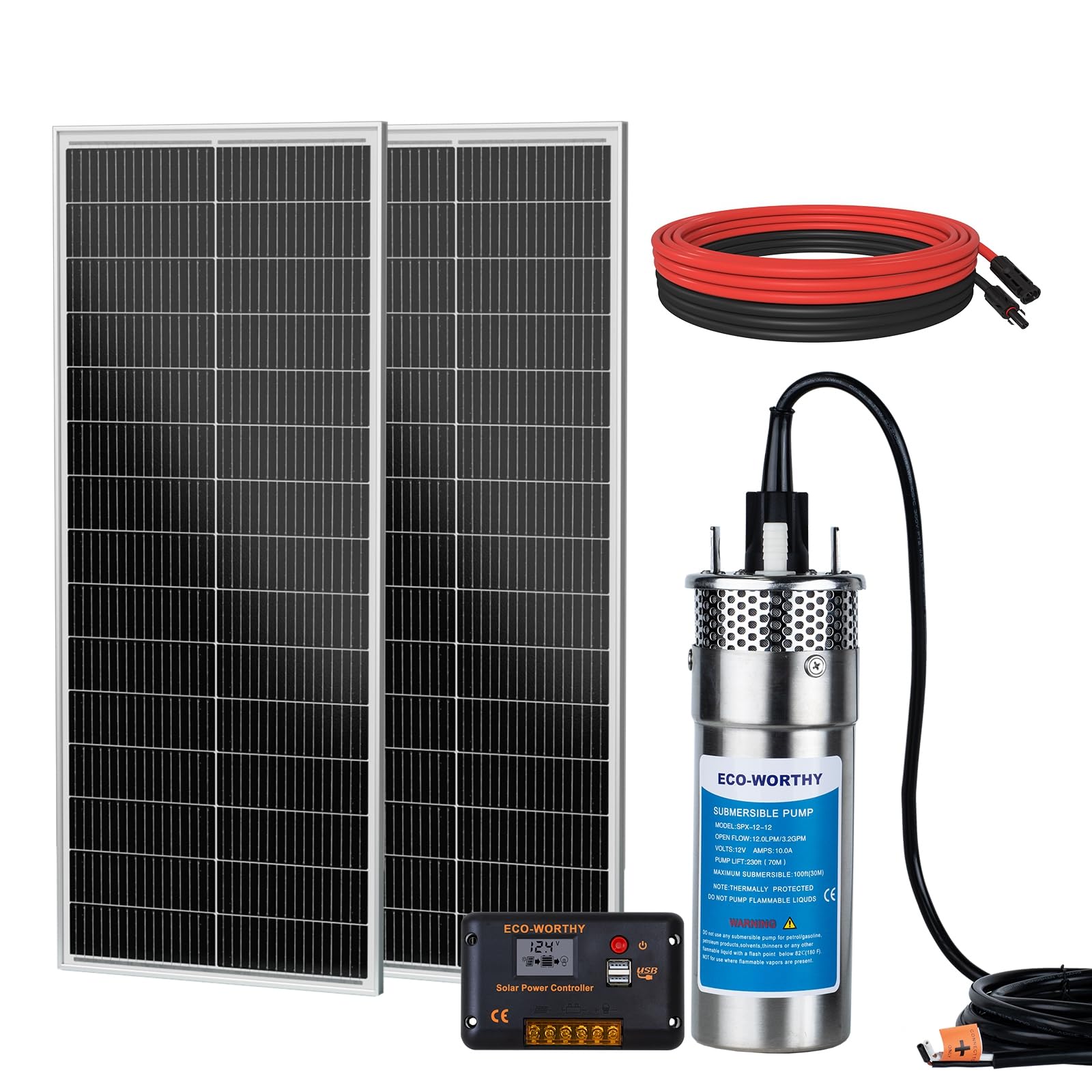 DCHOUSE 200W Kit de pompe submersible solaire à puits profond avec pompe à eau solaire 12V + panneau solaire 2PCS 100W(Câble en Y non inclus, achat supplémentaire nécessaire)