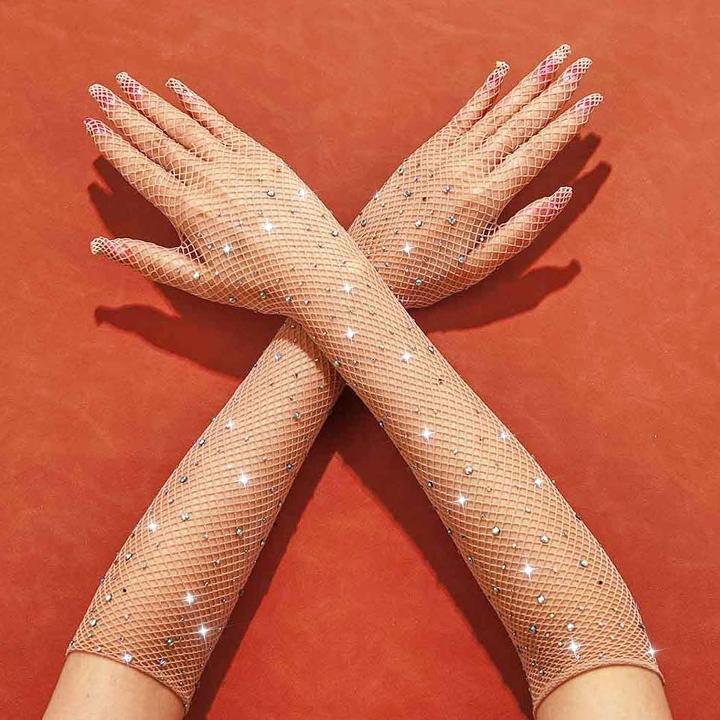 CASDRE Rhinestone Long Fishnet Gloves Mesh Rave Gloves Bling Elbow Length Evening Party Glove for Women and Girls