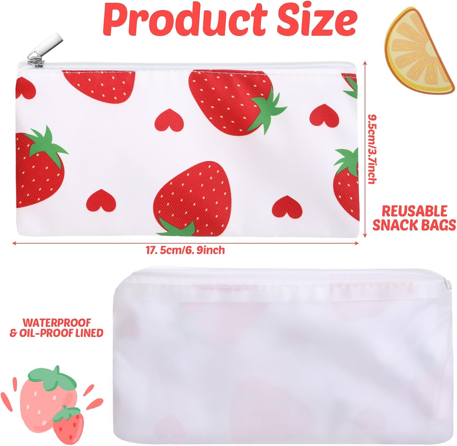 Chumia 6 Pack Reusable Snack Bags for Kids, Washable Sandwich & Food Storage Pouches, Dual-layer Silicone Lined Lunch Bags with Zipper for School & Travel(Fruit,6.9 x 3.7 Inches)