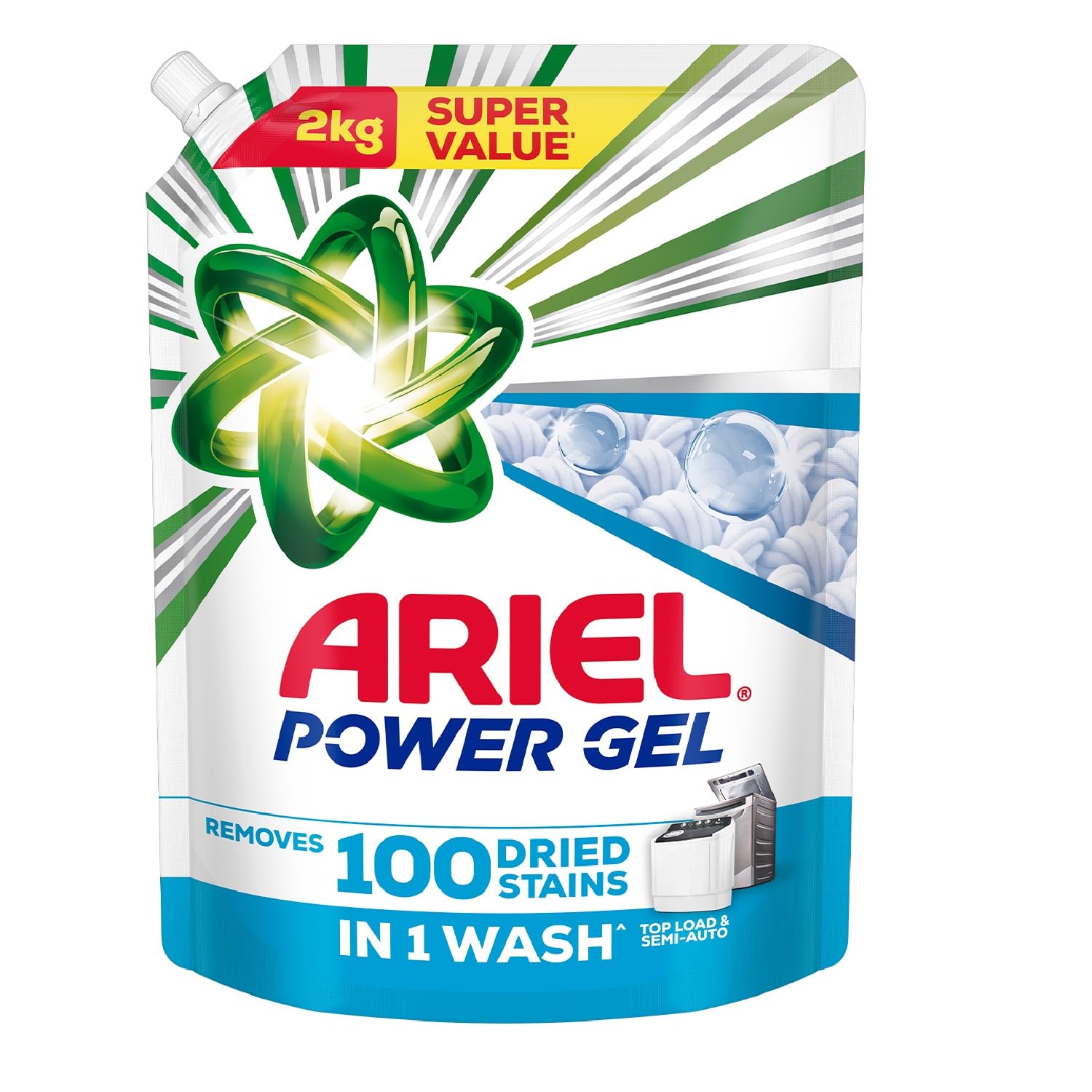 Ariel Power Gel Liquid Detergent for Top Load & Semi Auto – 2kg | Removes 100 Dried Stains in 1 Wash | Faster Dissolving | Long-Lasting Fragrance | Color Protection | At the price of Powders