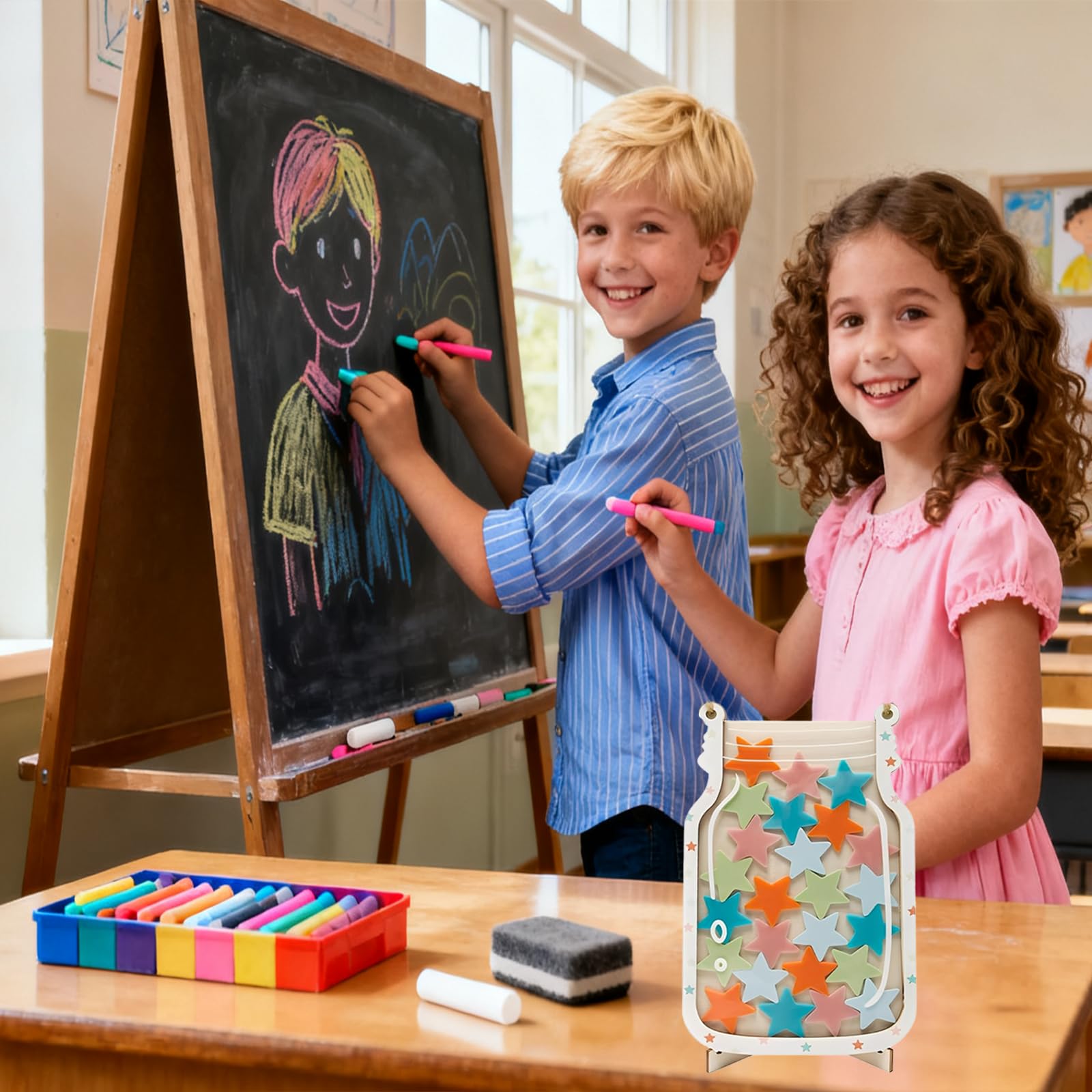 Tabella delle Ricompense per Bambini, Barattolo Stelle 25 Pezzi, Base Legno, Tabella delle Ricompense per Il Buon Comportamento，Regolabile