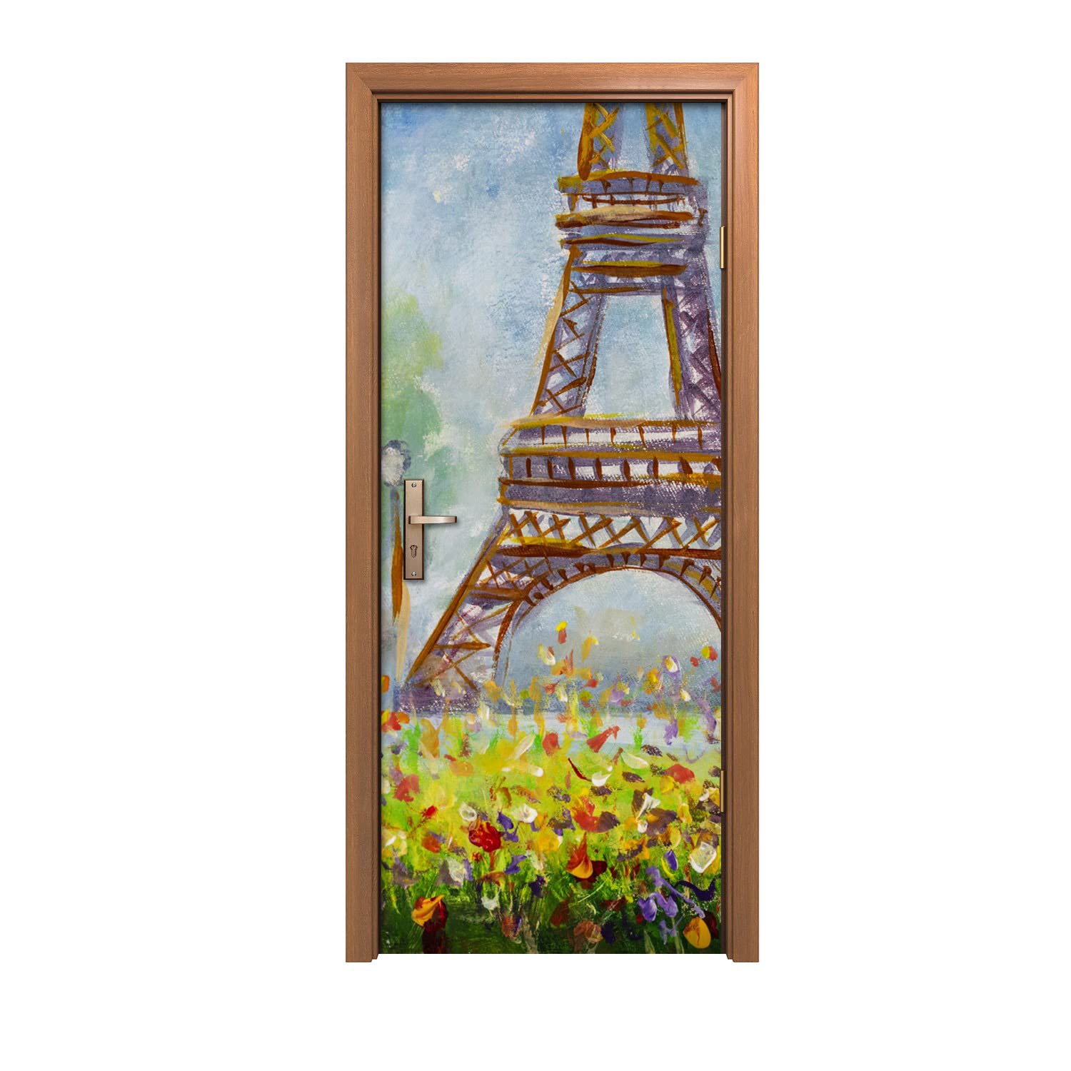 Autocollant de porte design 90x200cm impression haute définition Tour Eiffel fleurie