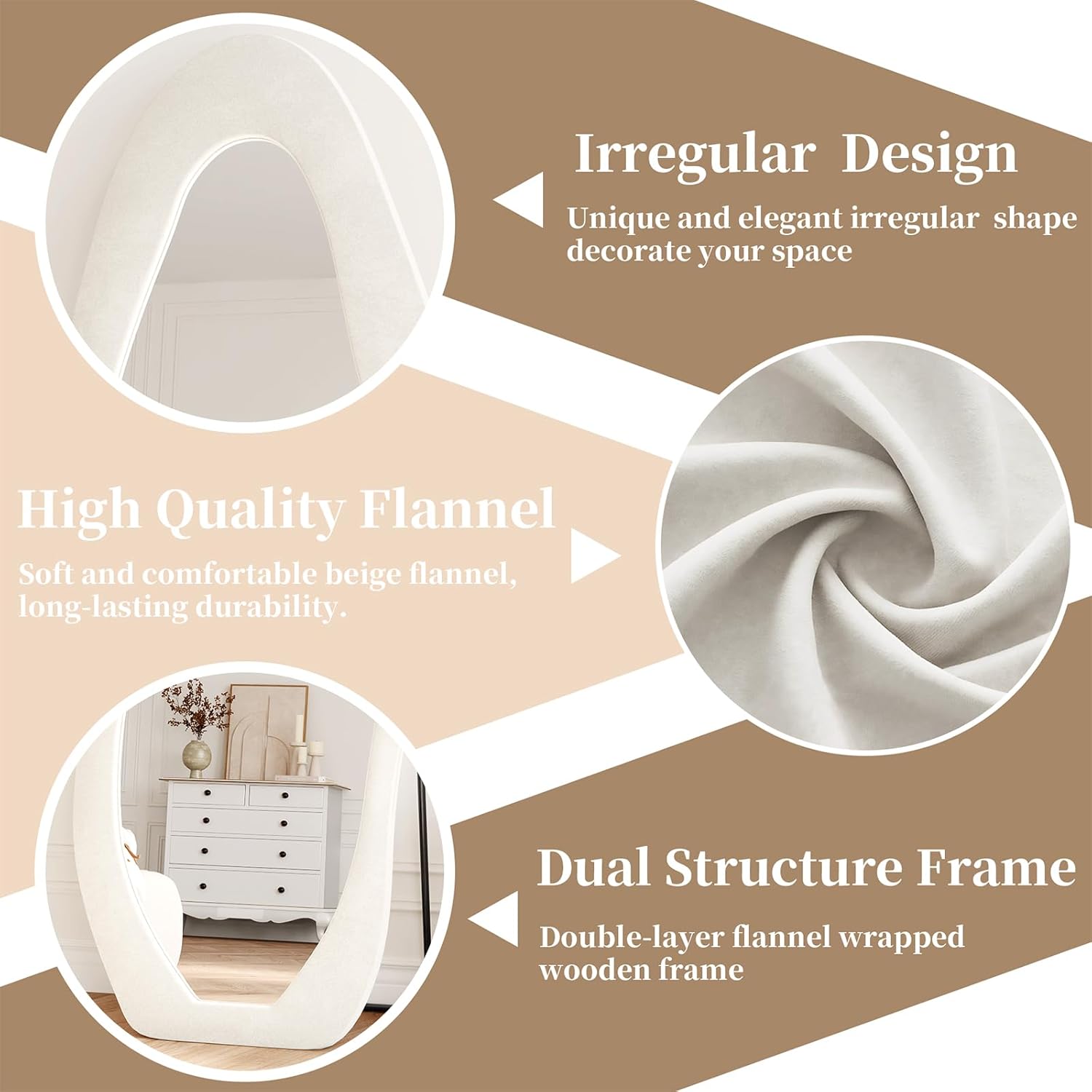 56"x24" Irregular Wavy Mirror, Flannel Full Length Mirror with Stand, Wall Mirror for Bedroom, Living Room, Cloakroom, Entryway, Beige