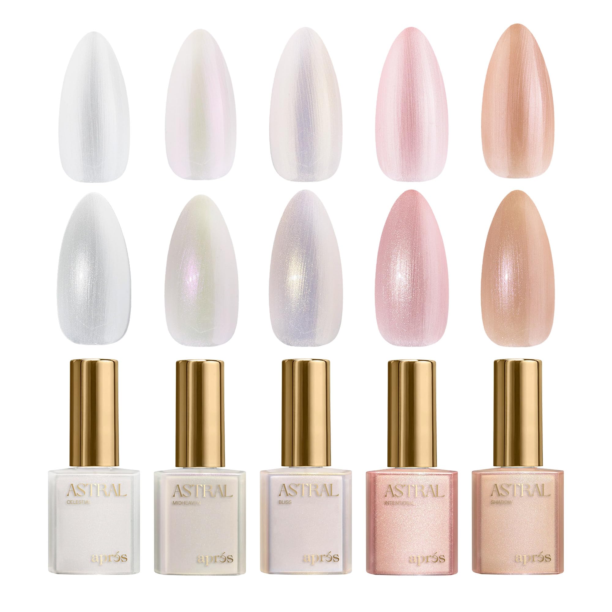 APRÉS Astral Gel Color Set of 5, Streak-Free Self-Leveling Nail Polish with Brush-X Nail Art Brush 15 ml, HEMA-Free TPO-Free (Pearlescent (Set 1))