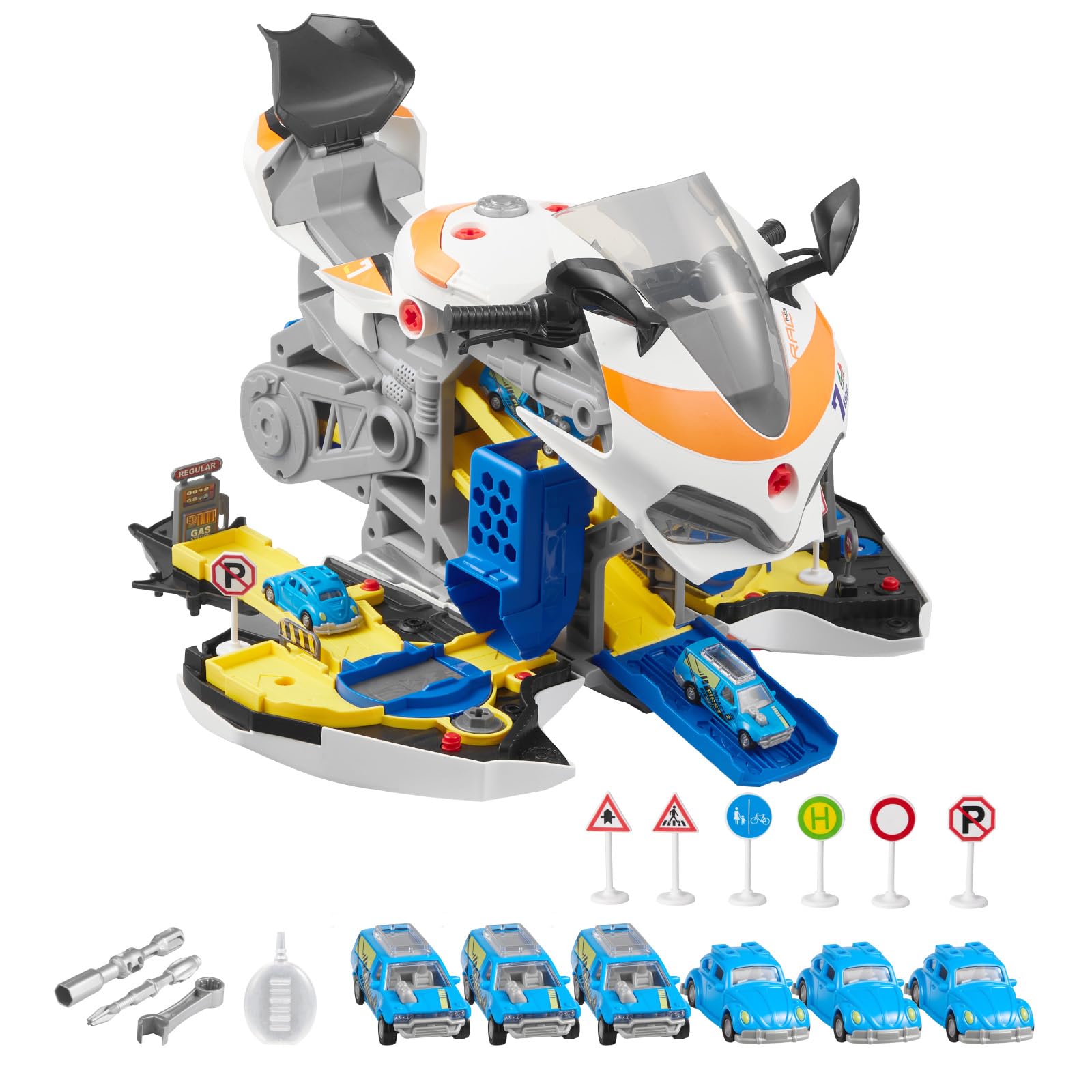 VEVOR Juguete de Motor de Motocicleta, 25 uds Mecánica de Motocicletas con Piezas Extraíbles, Luces y Sonidos, Simulación de Conducción y Carreras en Pista, a Niños a Partir de 3 Años, Amarillo