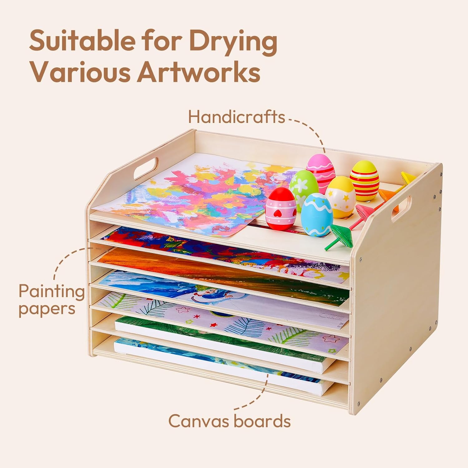 Woodtoe Wooden Art Drying Rack, Removable Paint Drying Rack, Puzzle Holder Rack, Canvas Art Painting Storage Shelf for Kids, Artwork Display Organizer for Playroom Craft Collection Lovers(7 Shelves)