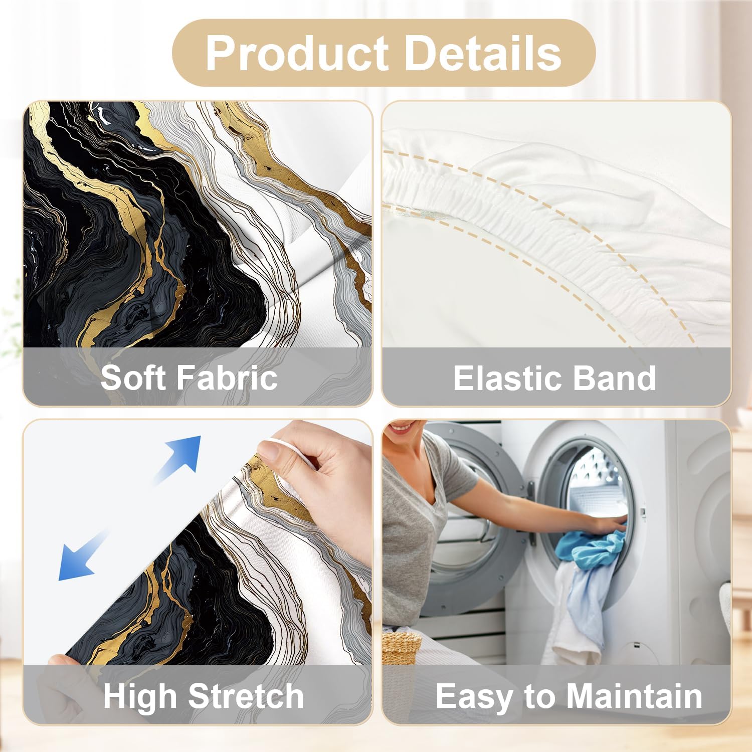 ANNA QUEEN Gold and Black Marble Chair Covers for Dining Room Kitchen Set of 6 – Elegant Stretch Washable Slipcovers for Dining Chairs, Modern Home Decor