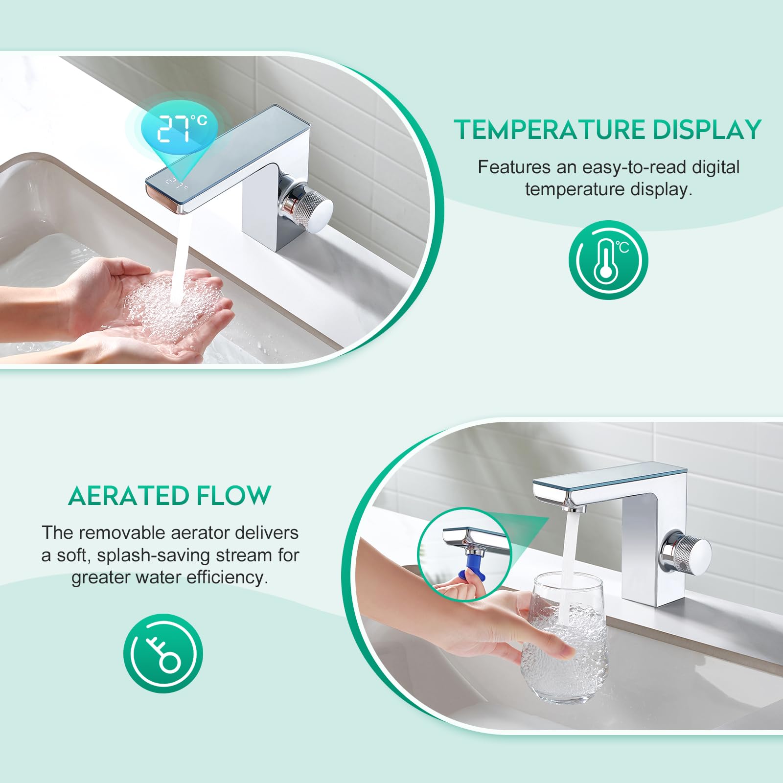 CREA Mitigeur de Salle de Bains Infrarouge, Robinet Lavabo Automatique à Infrarouge avec Température écran D'affichage Numérique, Mitigeur Lavabo Touchless, Chrome