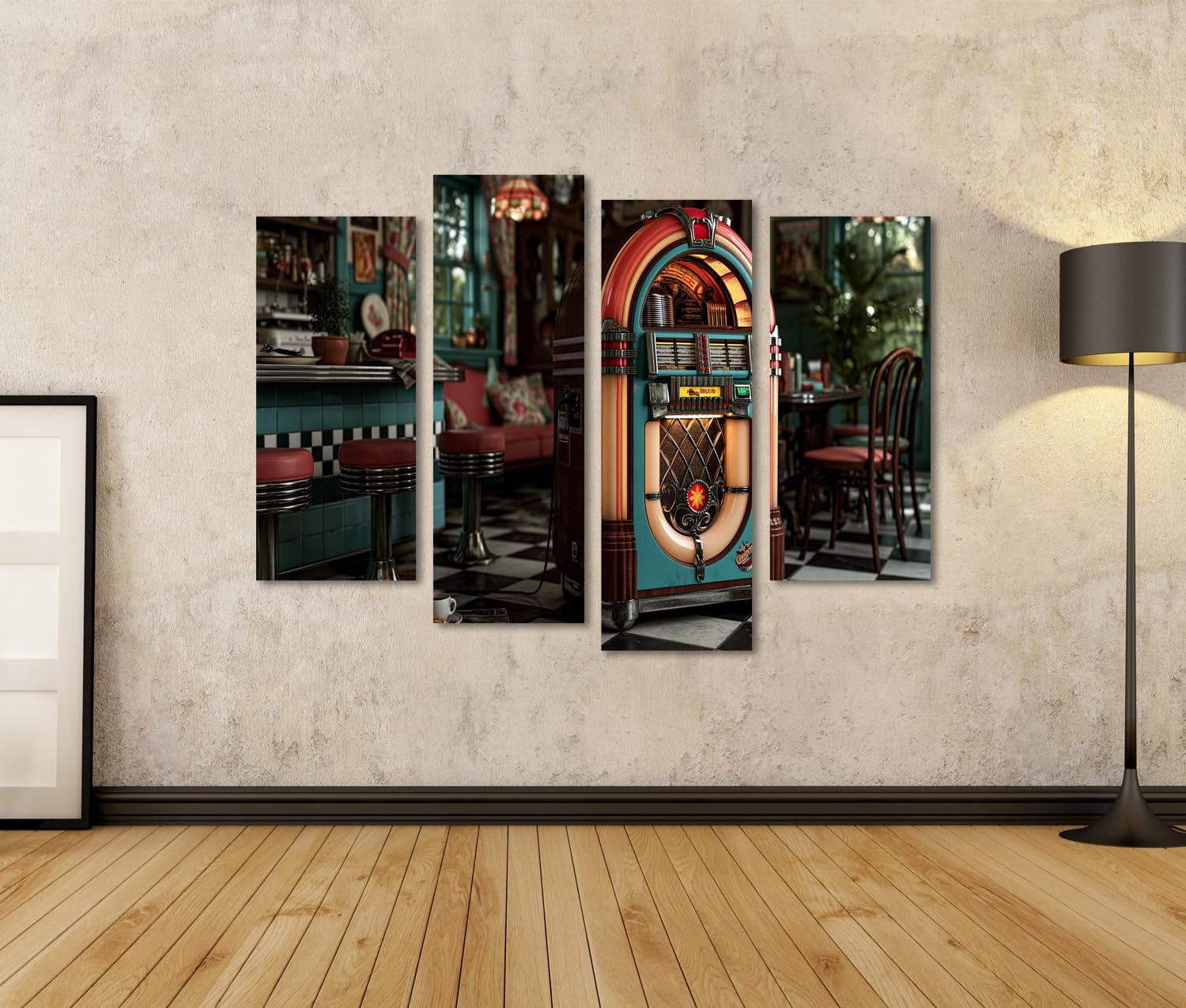 islandburner Quadro su tela, motivo: Jukebox in stile retrò, per soggiorno, perfetto per gli amanti della musica, 4 pezzi, edizione N2
