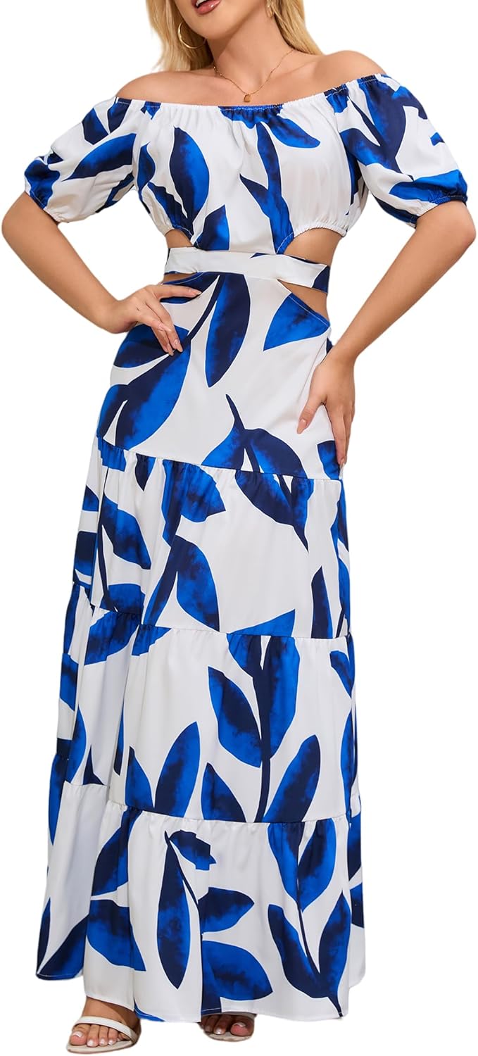 Women's Summer Boho Maxi Dress Off Shoulder Puff Sleeve Cutout Tiered Tie Back Casual Party Long Flowy Dresses