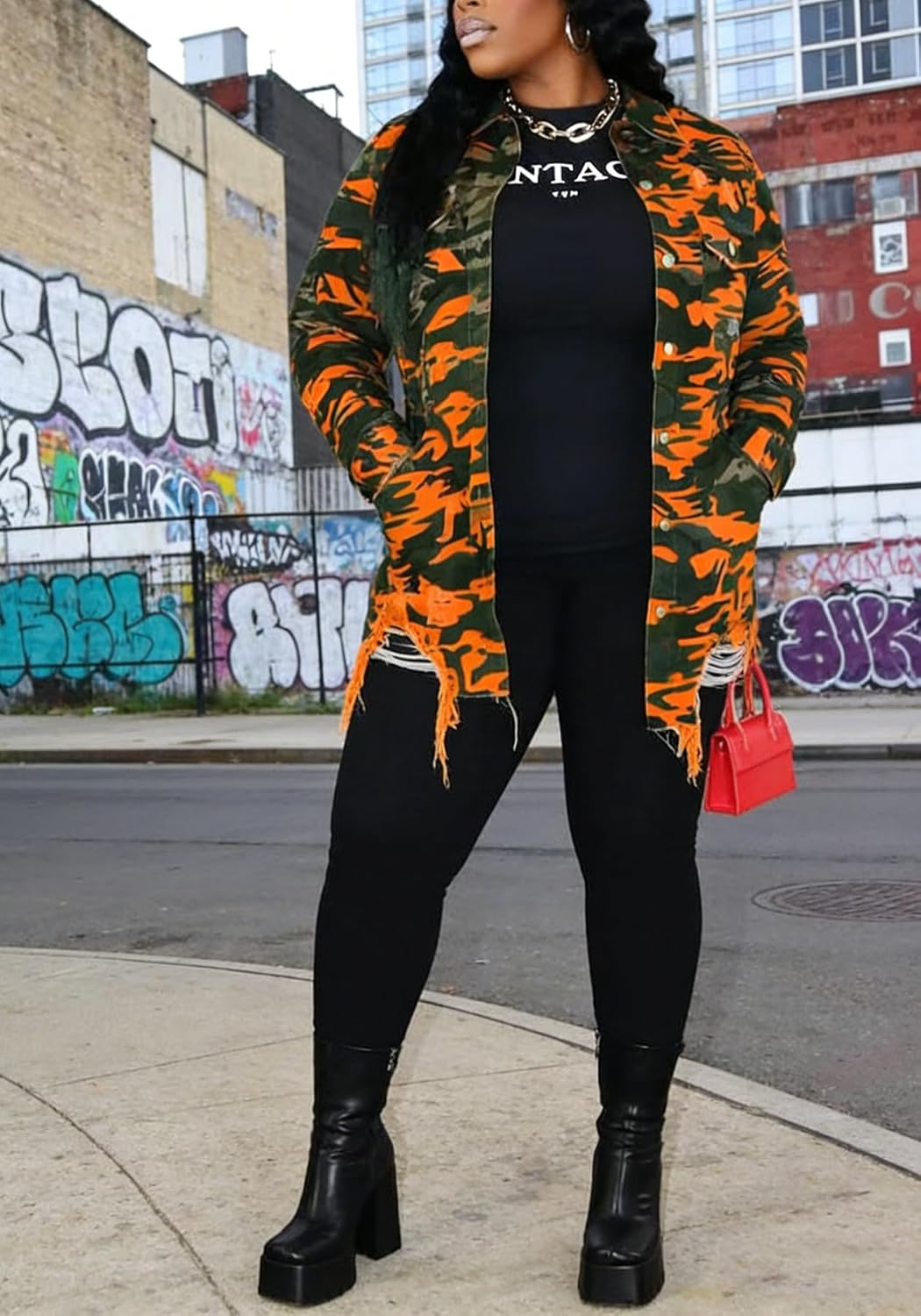 DINGANG Camo Jackets for Women Long Sleeve Distressed Ripped Camouflage Army Trucker Jean Jacket Coat