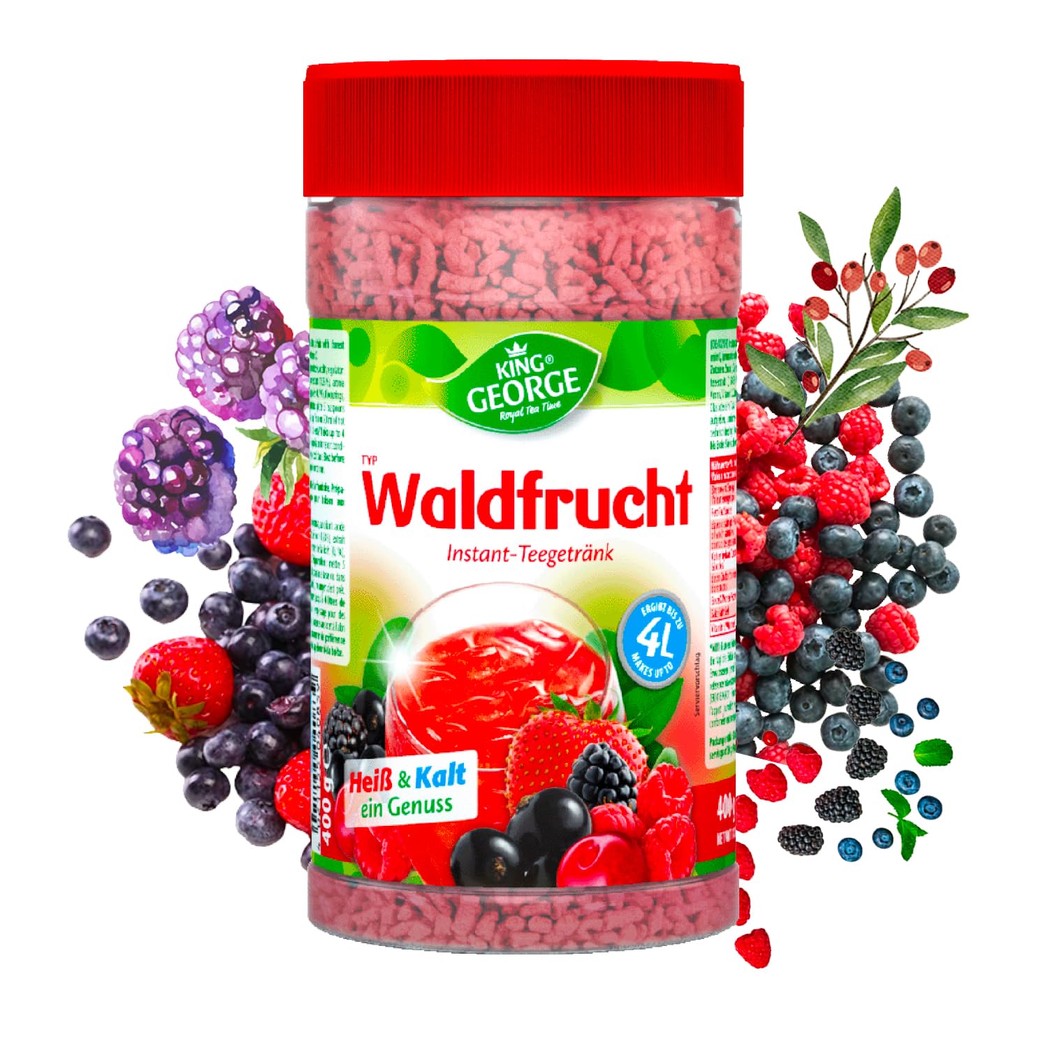 KING GEORGE - Waldfrucht napój herbaciany Instant 12 x 400 g, napój herbaciany z witaminą C – herbata na okruchy – napój w proszku, napój orzeźwiający i gasi pragnienie na lato