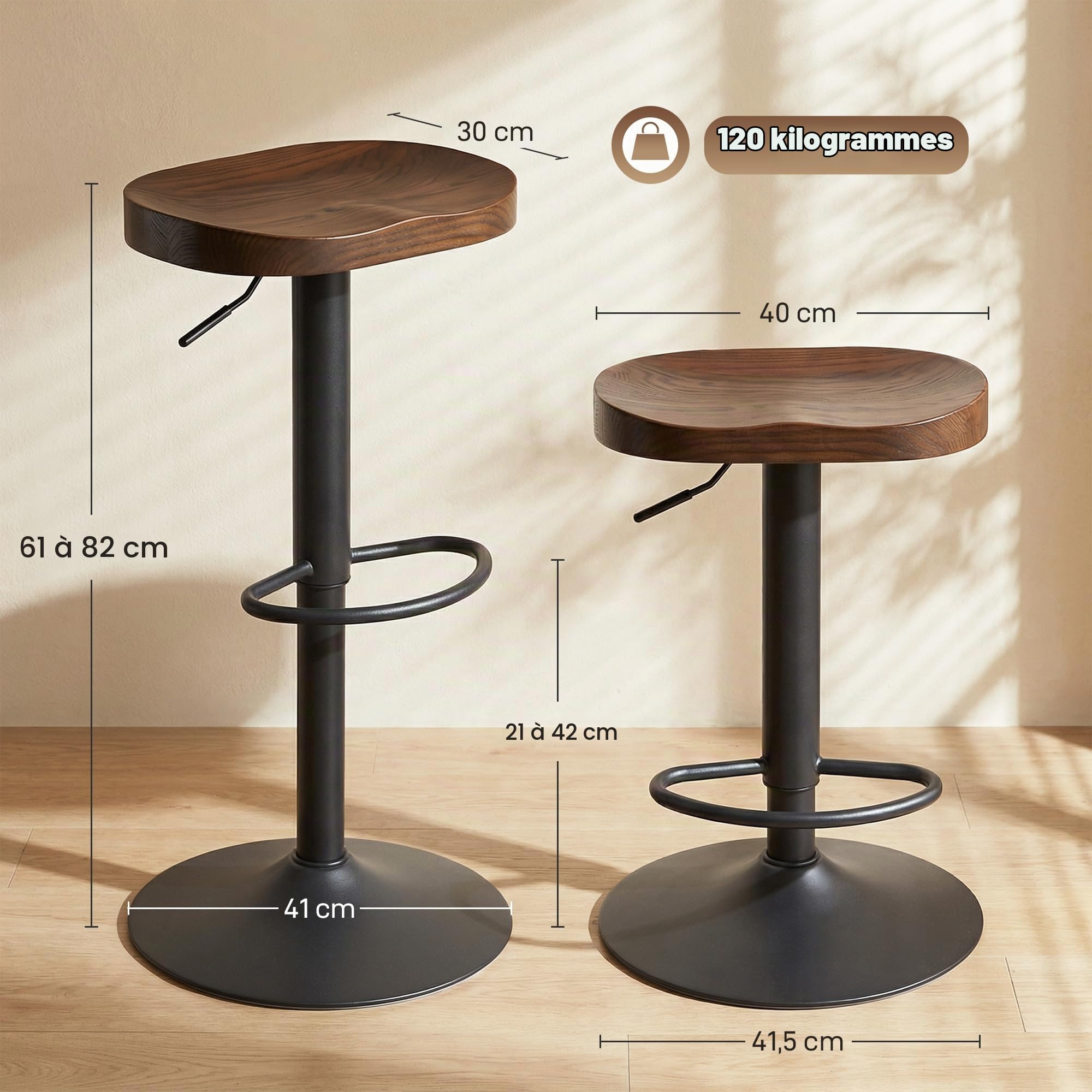 HOMCOM Lot de 2 tabourets de Bar, chaises de Bar Hauteur réglable avec siège en Bois d'orme, Repose-Pieds, pivotant 360°, Style Moderne, tabourets Hauts pour Cuisine, Salon, Marron foncé