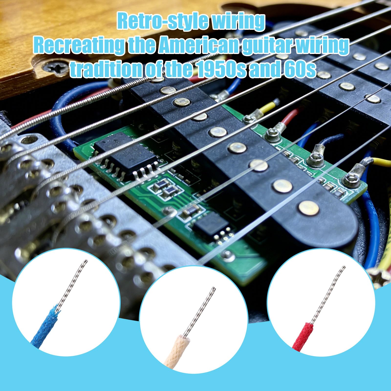 4,5m Tkanina Pokryty Pushback Gitara Przewód Zestaw, 3szt Vintage Styl Wosk Pleciony Okablowanie Zestaw do Gitary Elektrycznej Ulepszeń i Napraw (1,5m Czerwony/Niebieski/Biały)