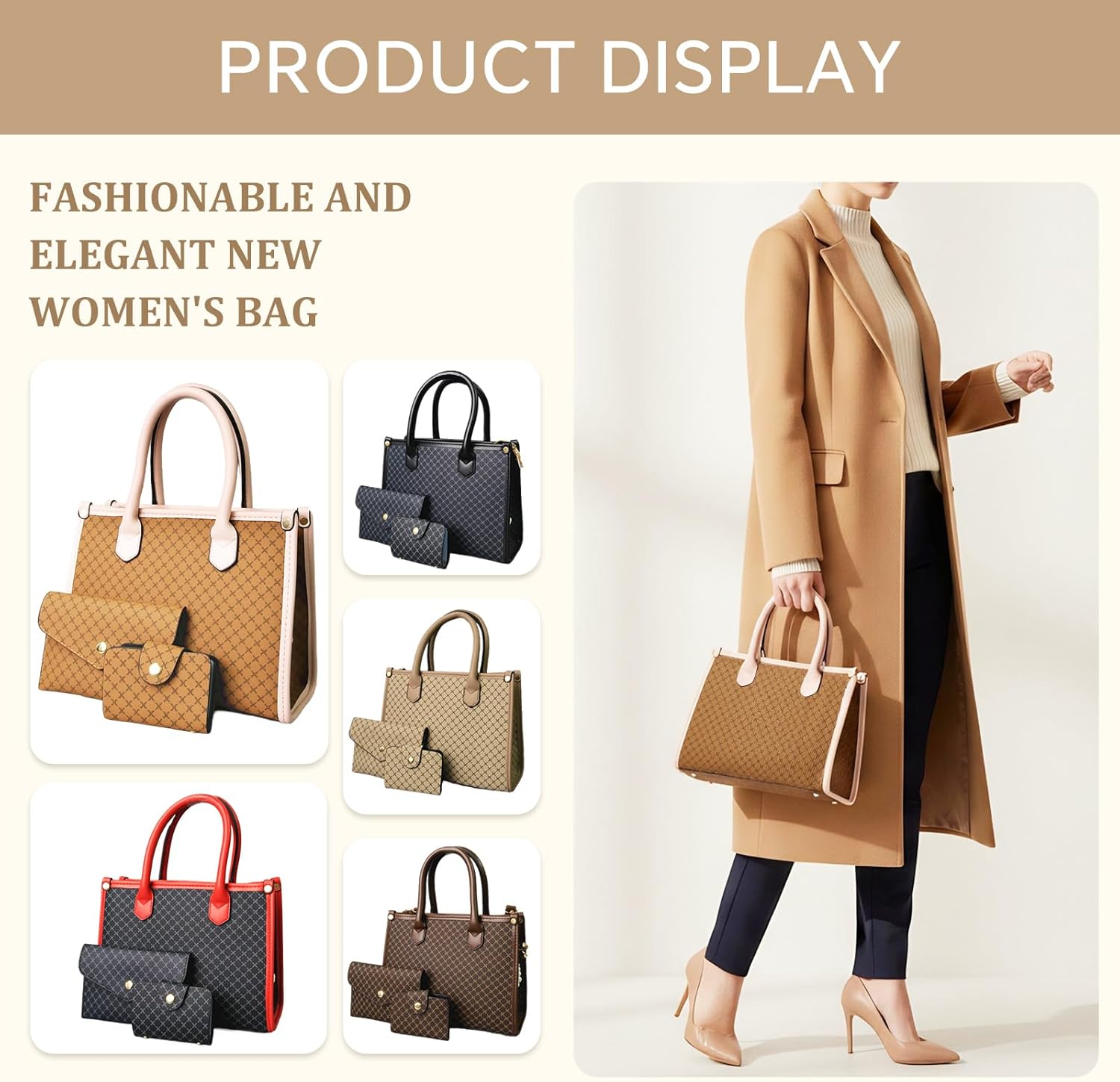 3pcs Purses and Handbags Set for Women, Top-Handle Tote, Satchel Shoulder Bag & Matching Wallet and Card Purse - Image 6