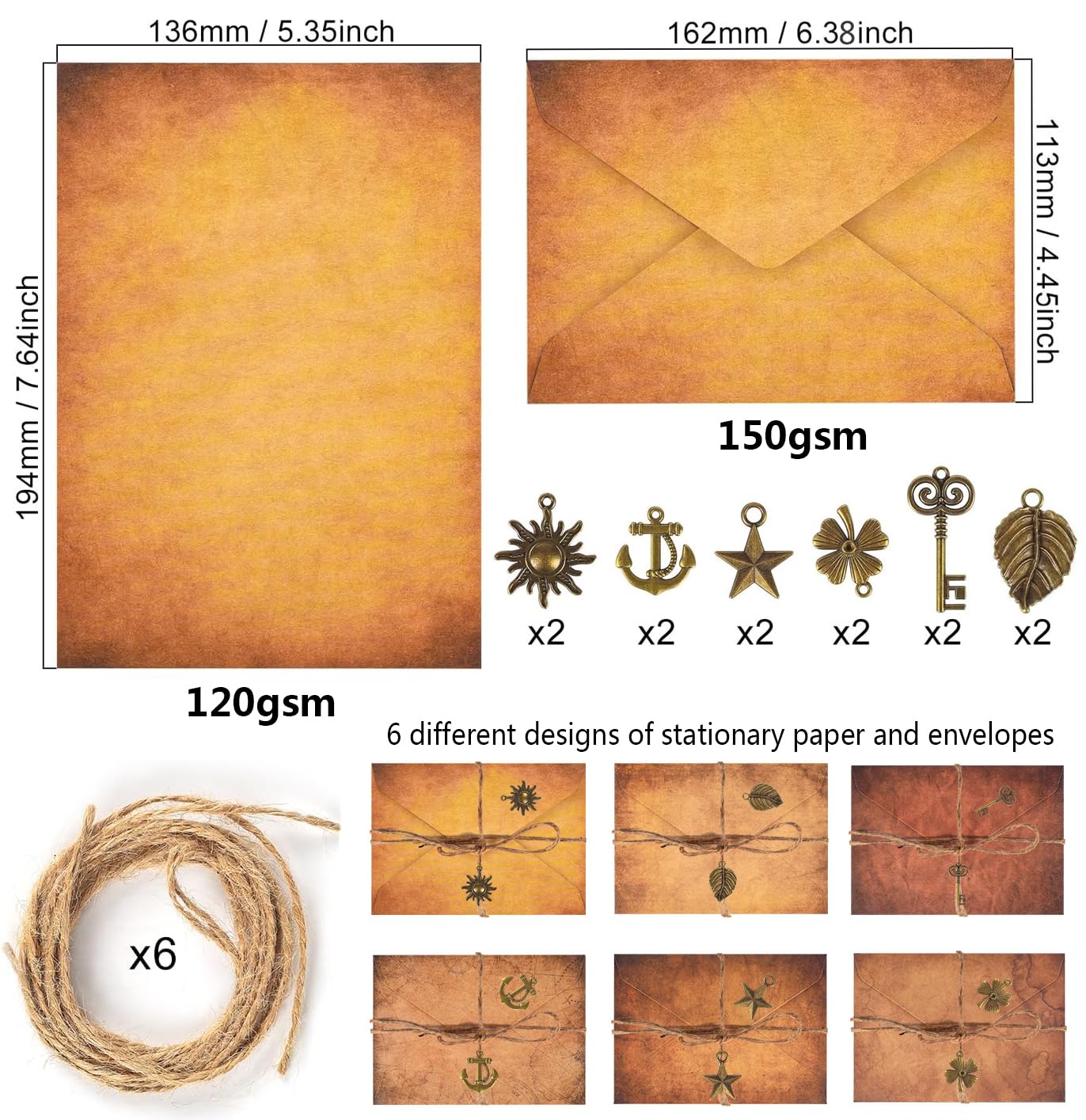 Juego de papel de papelería vintage y sobres, 24 hojas de papel de carta antiguo envejecido clásico para escribir cartas invitaciones con 12 sobres de papel kraft de estilo antiguo, cuerda de