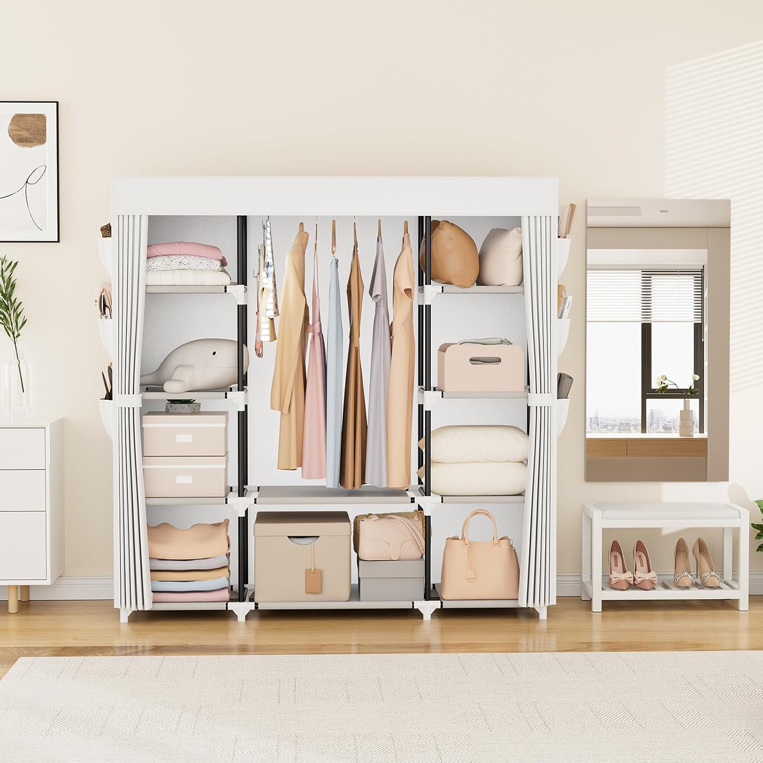 VTRIN Portable Closet Wardrobe for Hanging Clothes 57.3 Inch Large Capacity Clothes Rack with Cover, 10 Storage Organizer Shelves, 1 Hanging Rods and 6 Pockets, Free Standing Closet, White