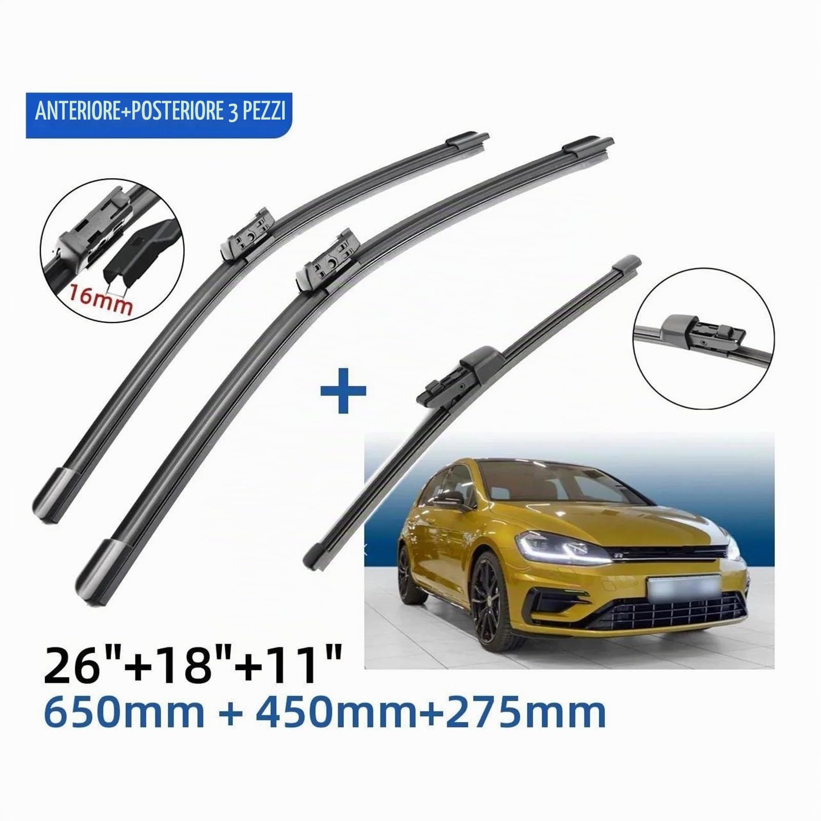 Kit Tergicristalli 3-in-1 Compatibile con Volkswagen Golf 7 MK7 (2012-2018) | Anteriore 26"+18" + Posteriore 11" | Silenzioso (MOZbatte)